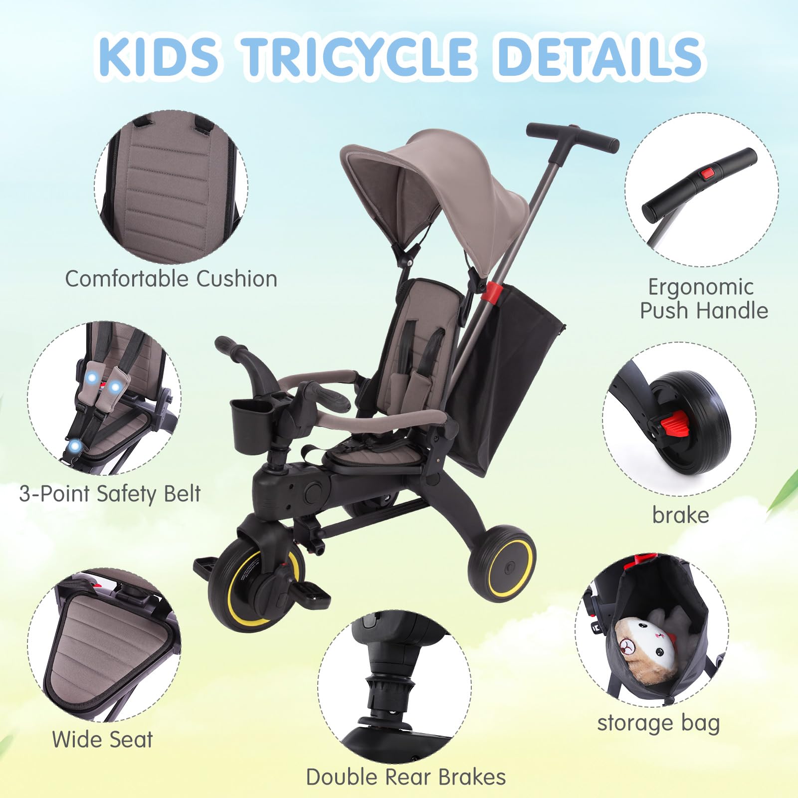 5-in-1 Foldable Baby Tricycle with Removable Push Handle & Safety Harness - Adjustable Rotating Seat, Canopy & Storage Bag - Compact Toddler Bike for 1-3 Year Olds (Gray) - Perfect for Park Rides, Outdoor Play & Learning to Pedal