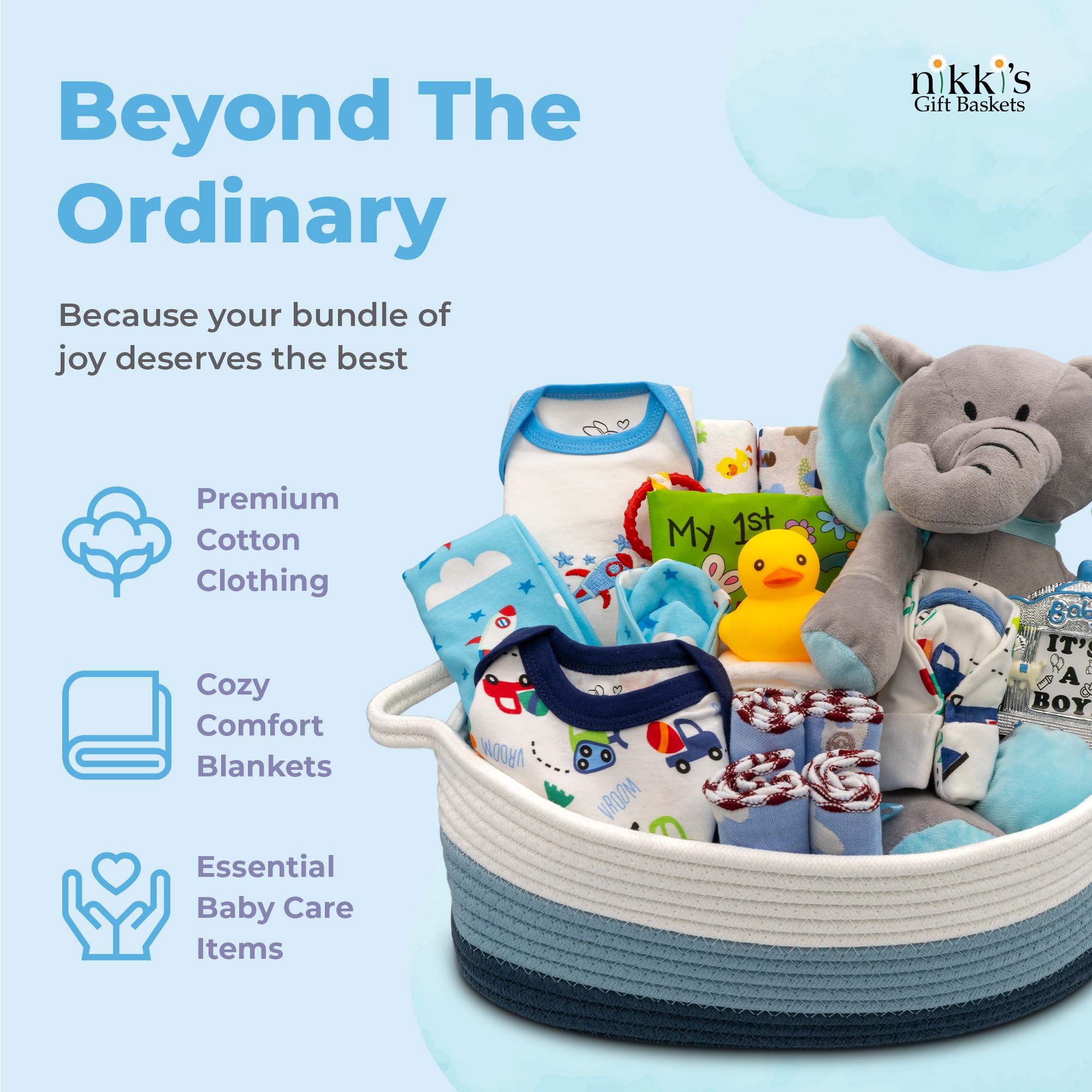 Premium Newborn Baby Boy Gift Basket Set - Complete Baby Essentials & Layette in Blue | Perfect Baby Shower Gift for Expecting Moms | Thoughtful Present for New Parents | Ideal for Hospital Welcome, Christening & First Birthday Celebrations | by Nikki's Gift Baskets