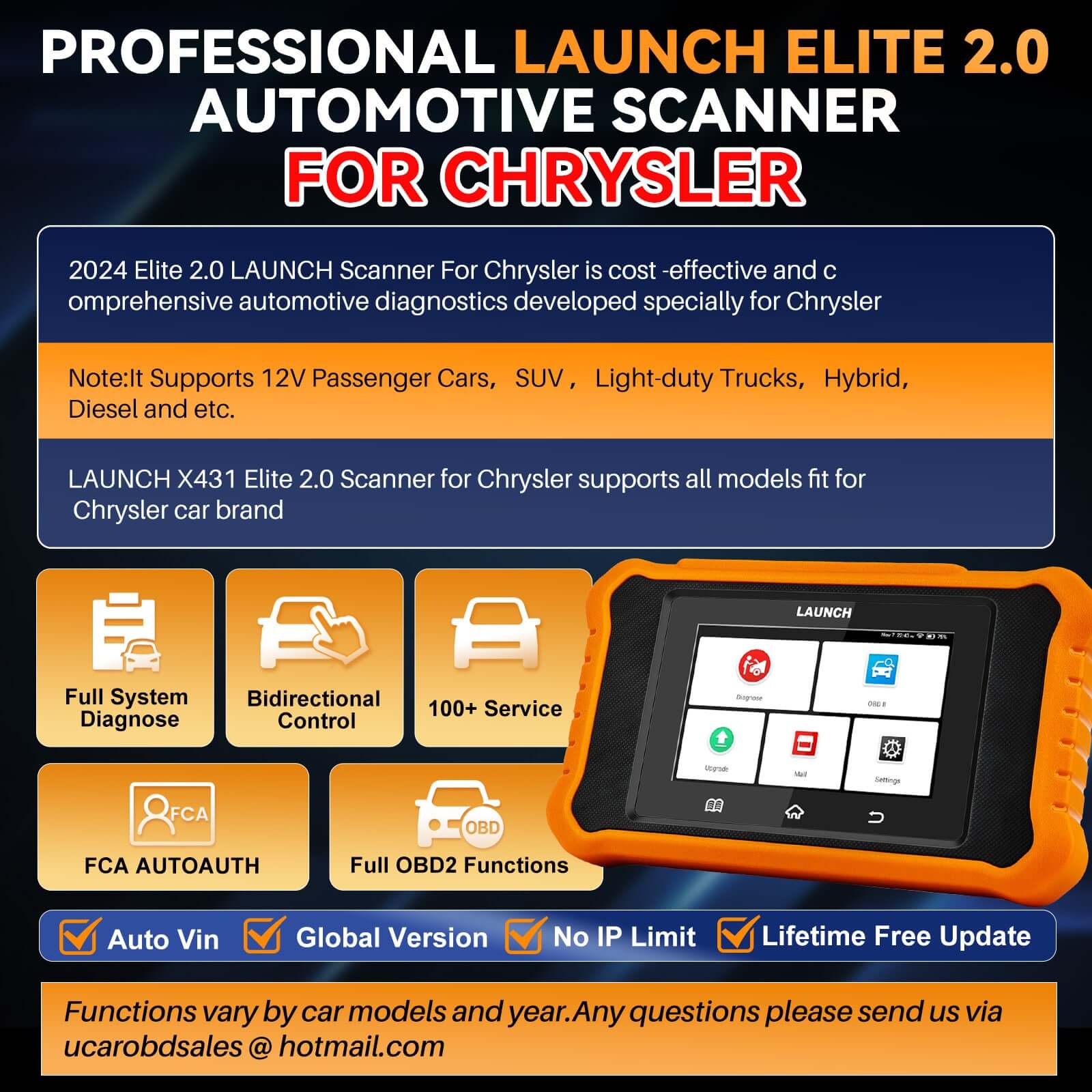 LAUNCH X431 Creader Elite 2.0 OBD2 Scanner - Professional Bi-Directional Diagnostic Tool for Chrysler Dodge Jeep RAM Vehicles | Full System Scan & ECU Coding | Auto Repair Shop & Home Mechanic Use