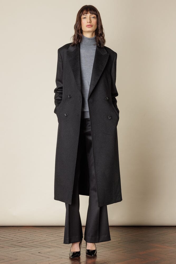 Stylish Black Wool Double Breasted Long Coat with 4 Buttons & Broad Peak Lapels - Perfect for Winter Fashion & Formal Occasions
