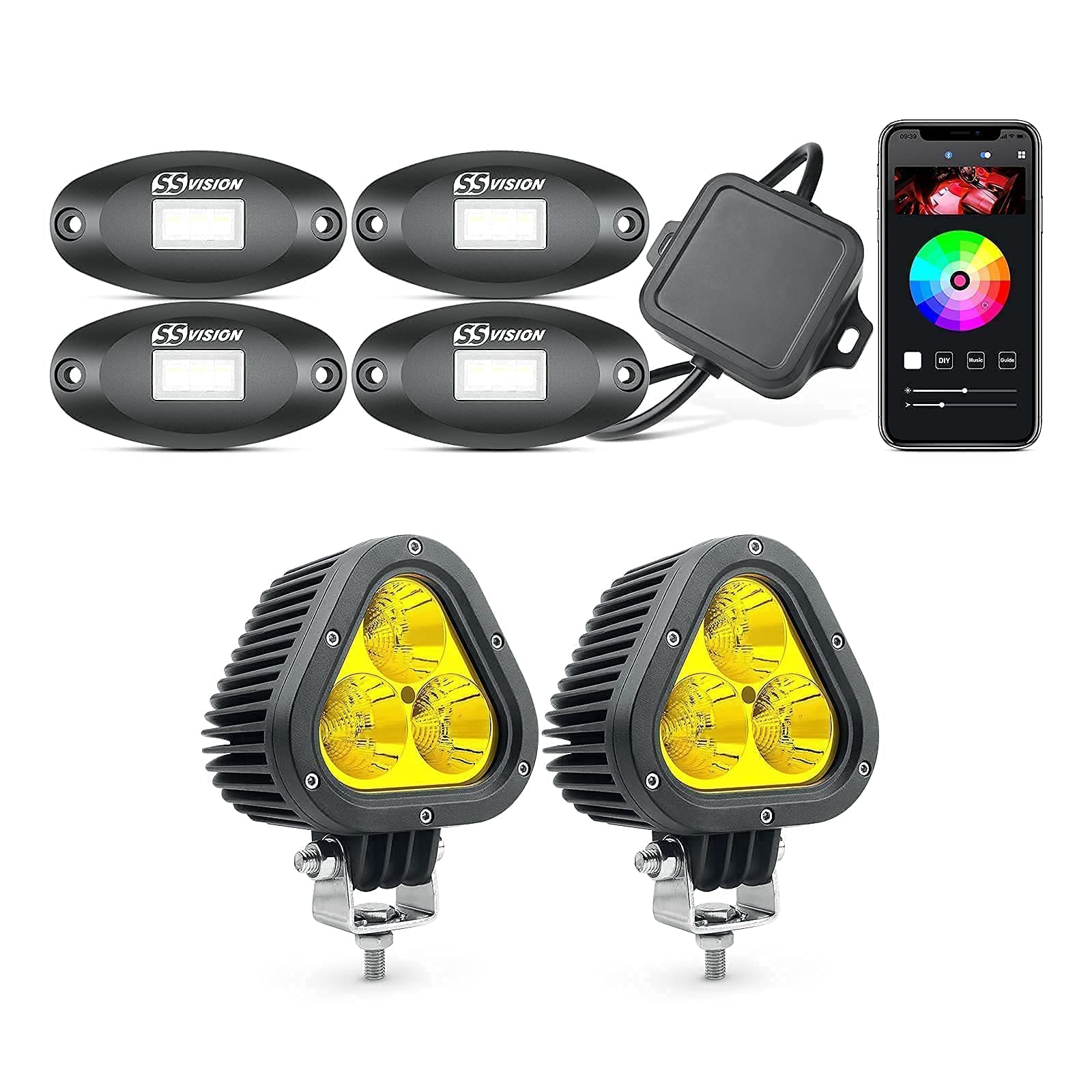 SS VISION X1 4-Pod RGB LED Rock Lights & 2-Pack 60W Triangle Amber LED Fog Lights for Cars, ATVs, SUVs, Trucks, Boats - Waterproof Off-Road Lighting Kit for Night Driving, Camping & Adventure Vehicle Accessories
