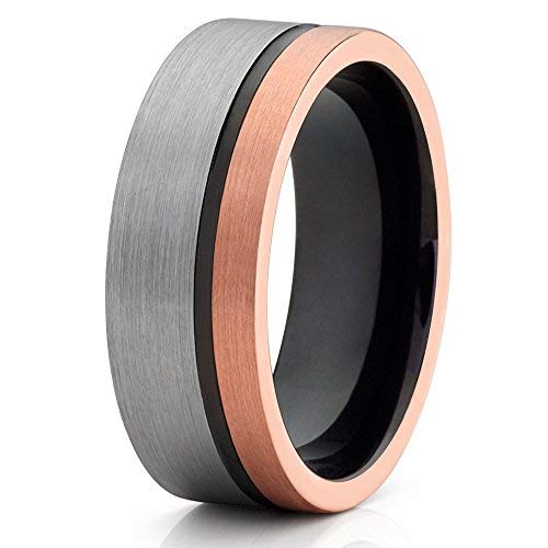 Rose Gold Tungsten Wedding Band for Men & Women - 18k Rose Gold Plated Black Tungsten Ring - Anniversary & Engagement Ring - Comfort Fit - Perfect for Weddings, Proposals & Special Occasions