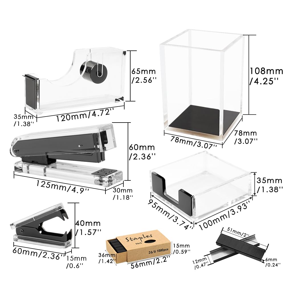 6-Piece Black Acrylic Desk Organizer Set - Stapler, Tape Dispenser, Pen Holder, Sticky Note Holder, Staples Remover with 1000 Staples - Modern Office Supplies for Home & Workspace Organization