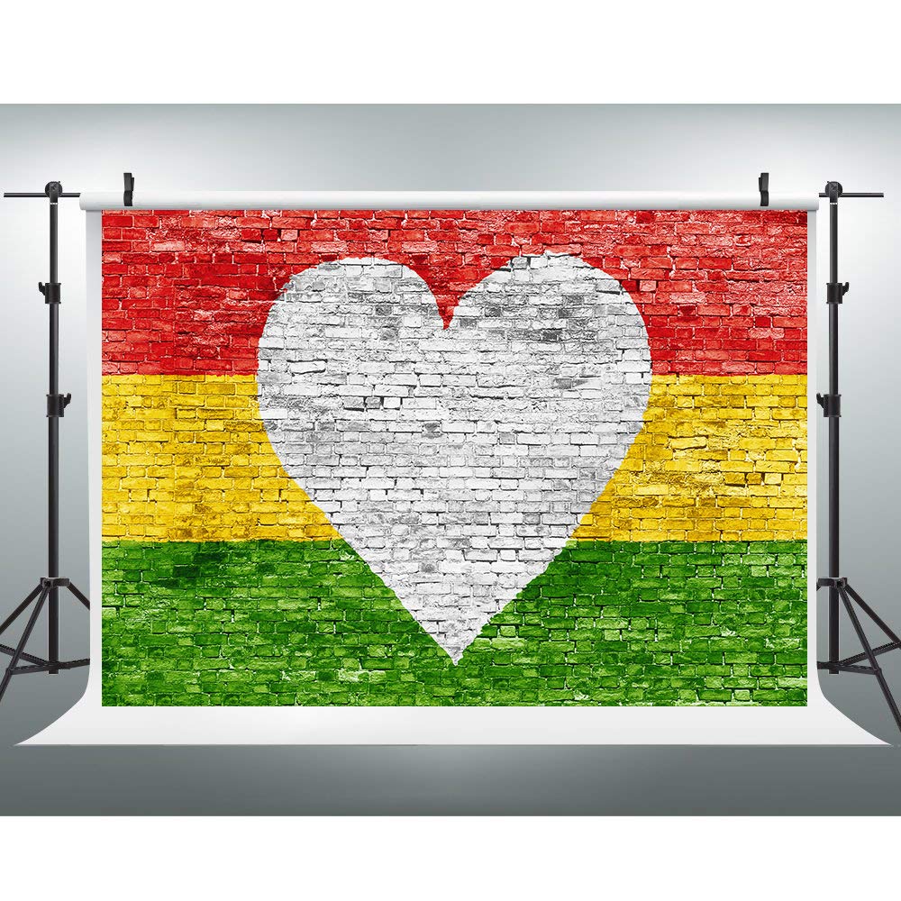 EOA 7x5FT Heart Shaped Photography Backdrop - Vibrant Red, Yellow & Green Brick Wall Design for Reggae Jamaica Theme, Baby Showers, Kids Birthday Parties, Cake Tables & Event Decor | Perfect for Photo Shoots & Social Media Content