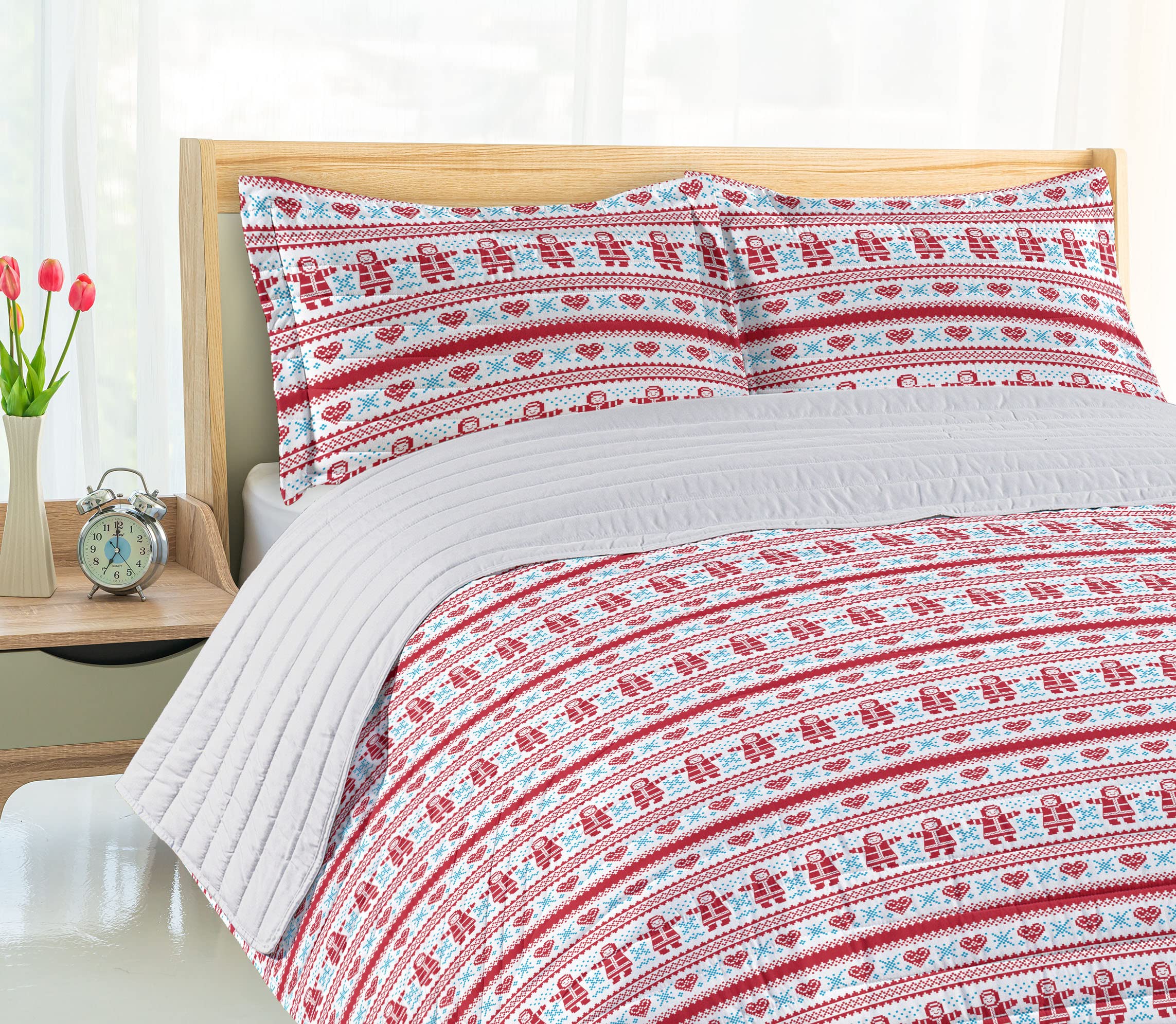Ambesonne Nordic Microfiber Bedspread Set - Christmas Winter Scandinavian Design with European Motifs, Soft King Size Bedding Set Includes Pillow Shams & Comforter in Red Sky Blue White - Perfect for Holiday Decor & Cozy Winter Bedrooms
