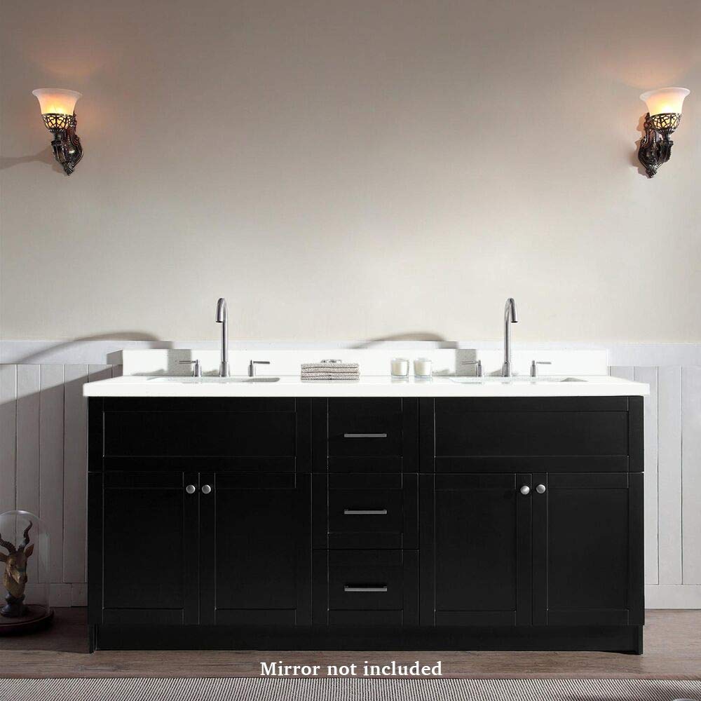 DKB Bradford Series 73-Inch Double Rectangle Sink Bathroom Vanity Cabinet with Pure White Quartz Countertop - Black Finish, 4 Soft-Closing Doors & 3 Full-Extension Dovetail Drawers - Modern Bathroom Storage Solution for Master Bath or Guest Bath Remodel
