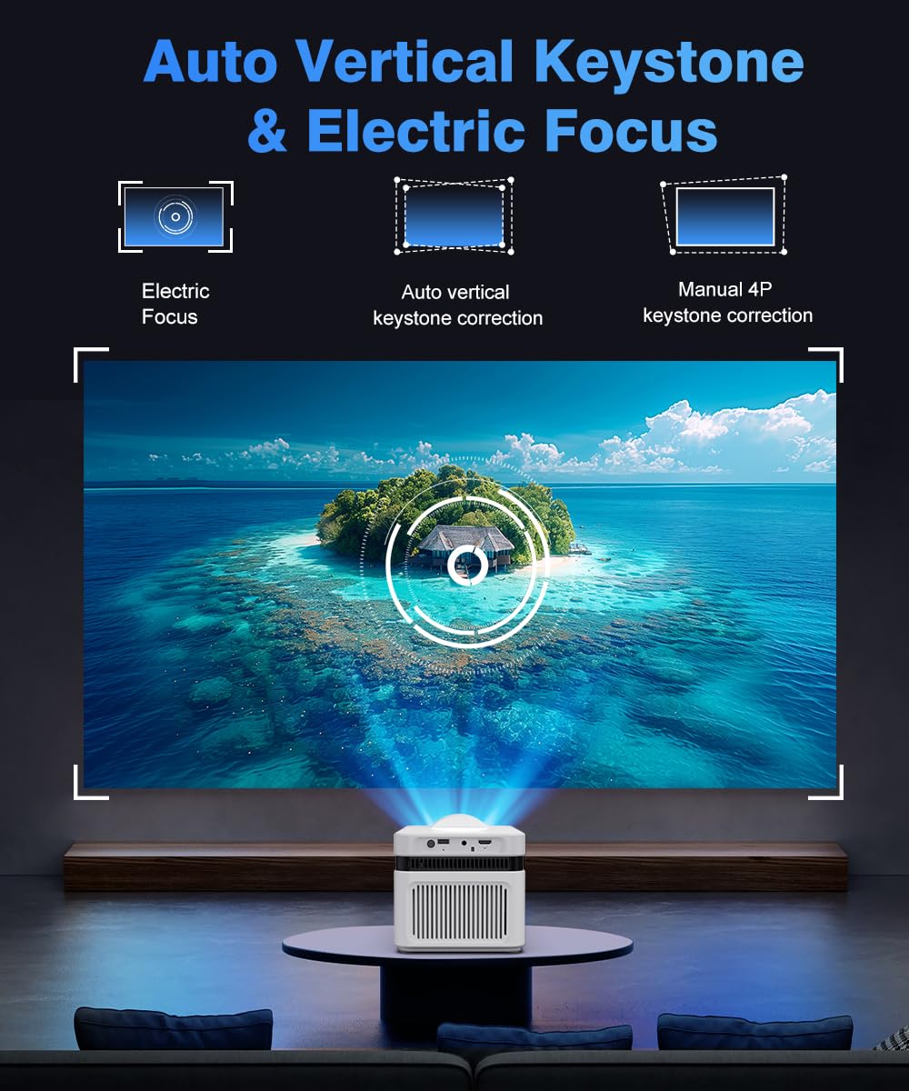 4K Short Throw Projector with WiFi & Bluetooth - Smart Home Theater Projector with Electric Focus & 8W Stereo Speakers for Bedroom, Outdoor Movie Nights, Gaming and Presentations - HY450NTV