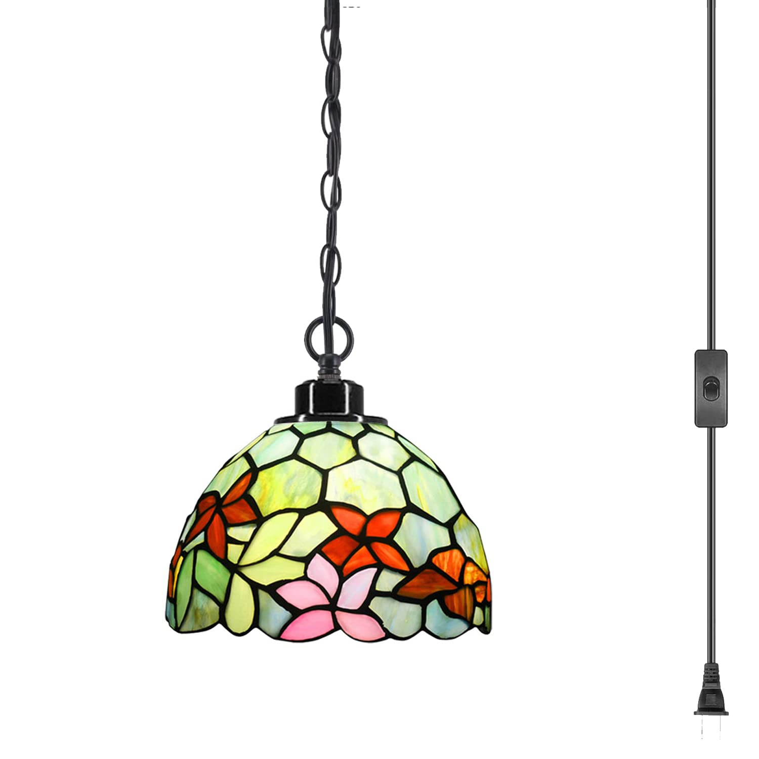 Vintage Tiffany Style Plug-In Swag Pendant Light - 8x8x18 Inch Stained Glass Hanging Lamp with Red & Green Floral Design for Dining Room, Living Room, Bedroom Decor | Perfect for Home, Cafe, Restaurant Lighting