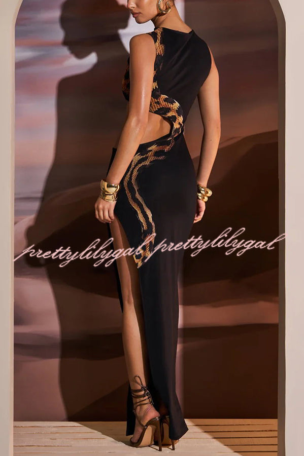 Wild Charm Snake Print Cut Out Detail Slit Stretch Maxi Dress for Women - Sexy Party, Evening, and Formal Occasions