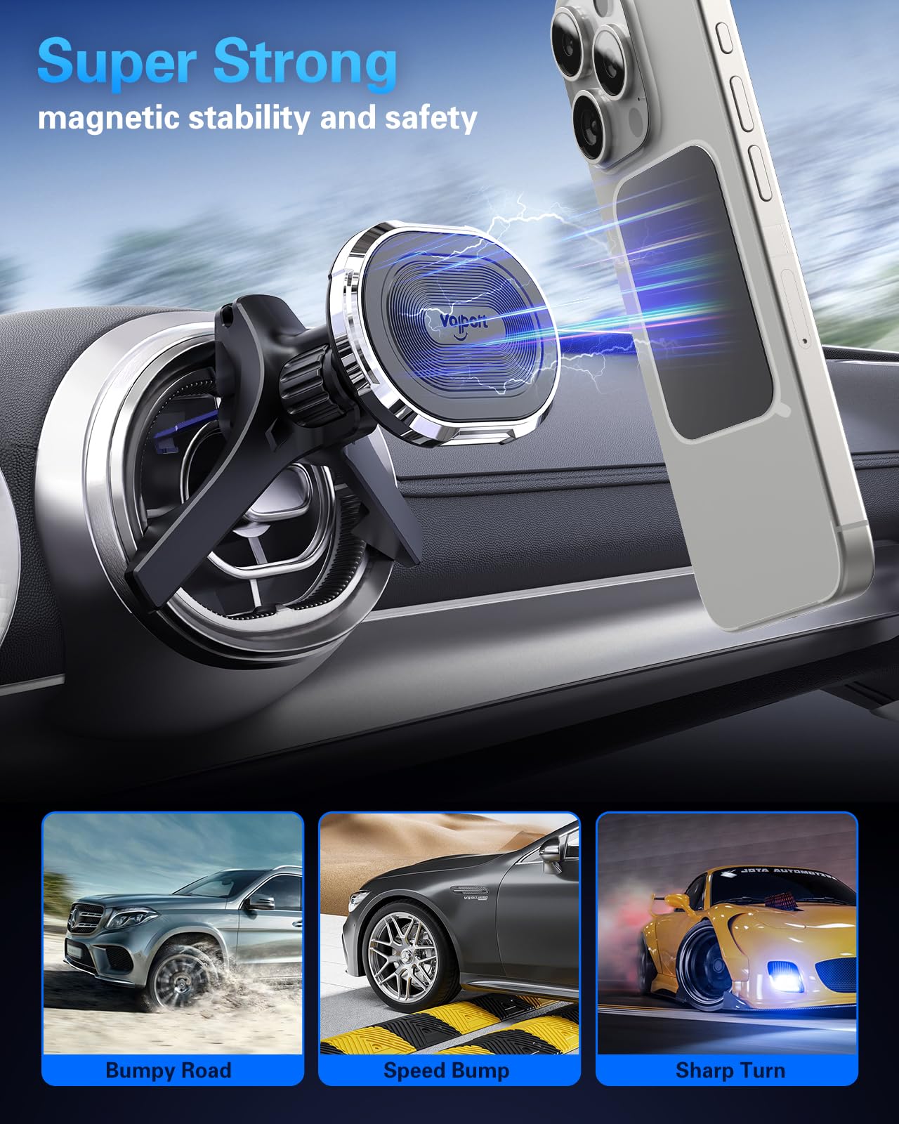 Volport Strong Magnetic Phone Mount for Car - Universal Vent & Dashboard Holder for iPhone 16/15/14/13/12 Pro Max, Samsung S24 Ultra & All Smartphones - Perfect for Driving, Navigation & Hands-Free Calling