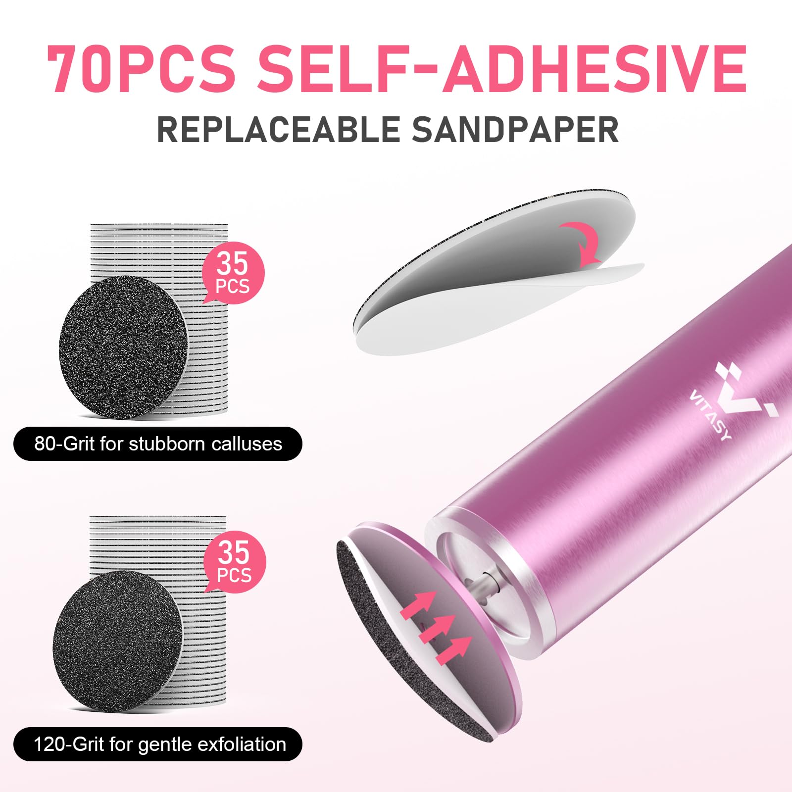 Electric Callus Remover for Feet - Adjustable Speed 0-800 RPM, Rechargeable Foot File with 70 Replacement Sandpaper Discs, Professional Pedicure Tool for Dead Cracked Skin & Calluses Removal - Perfect for Home Spa, Salon & Travel (Pink)