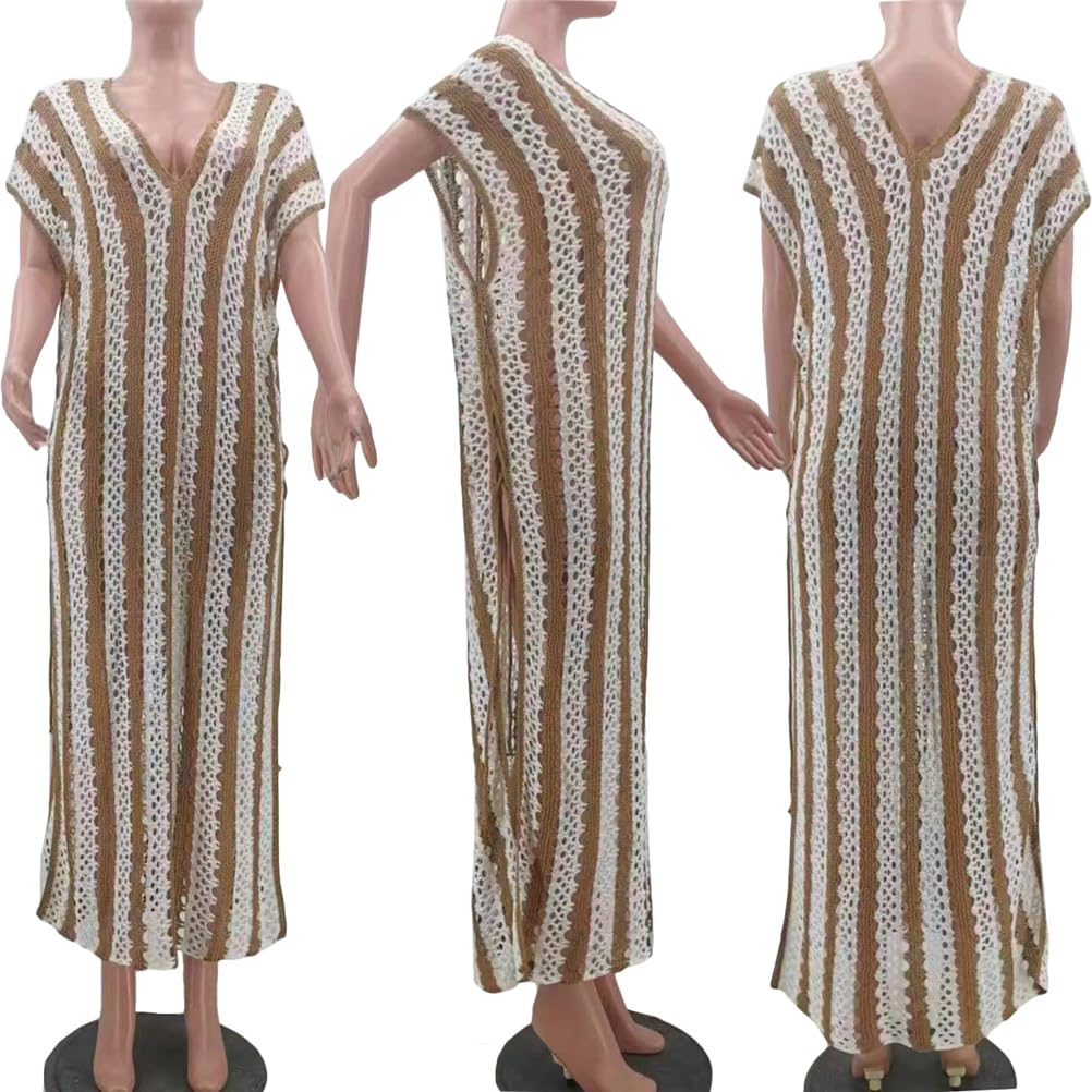 Sexy V-Neck Knitted Crochet Hollow Split Long Beach Dress for Women | Summer Vacation Maxi Dress | Perfect for Beach Parties, Tropical Getaways & Boho Fashion