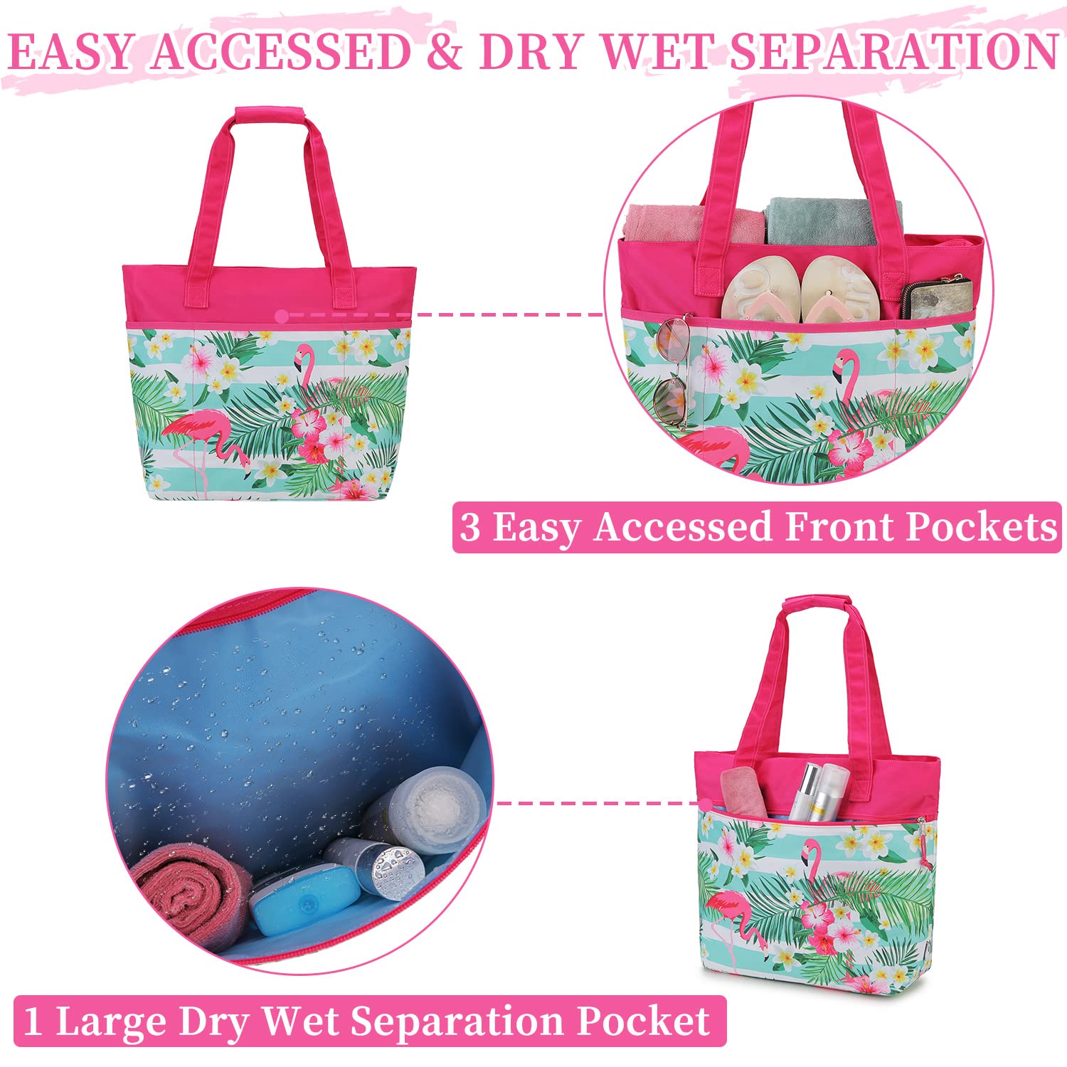 VX VONXURY Women's Large Lightweight Travel Gym Tote Bag - Water Resistant, Sandproof with Zipper & Dry Wet Separation - Perfect for Beach, Pool, Workout & Travel Accessories