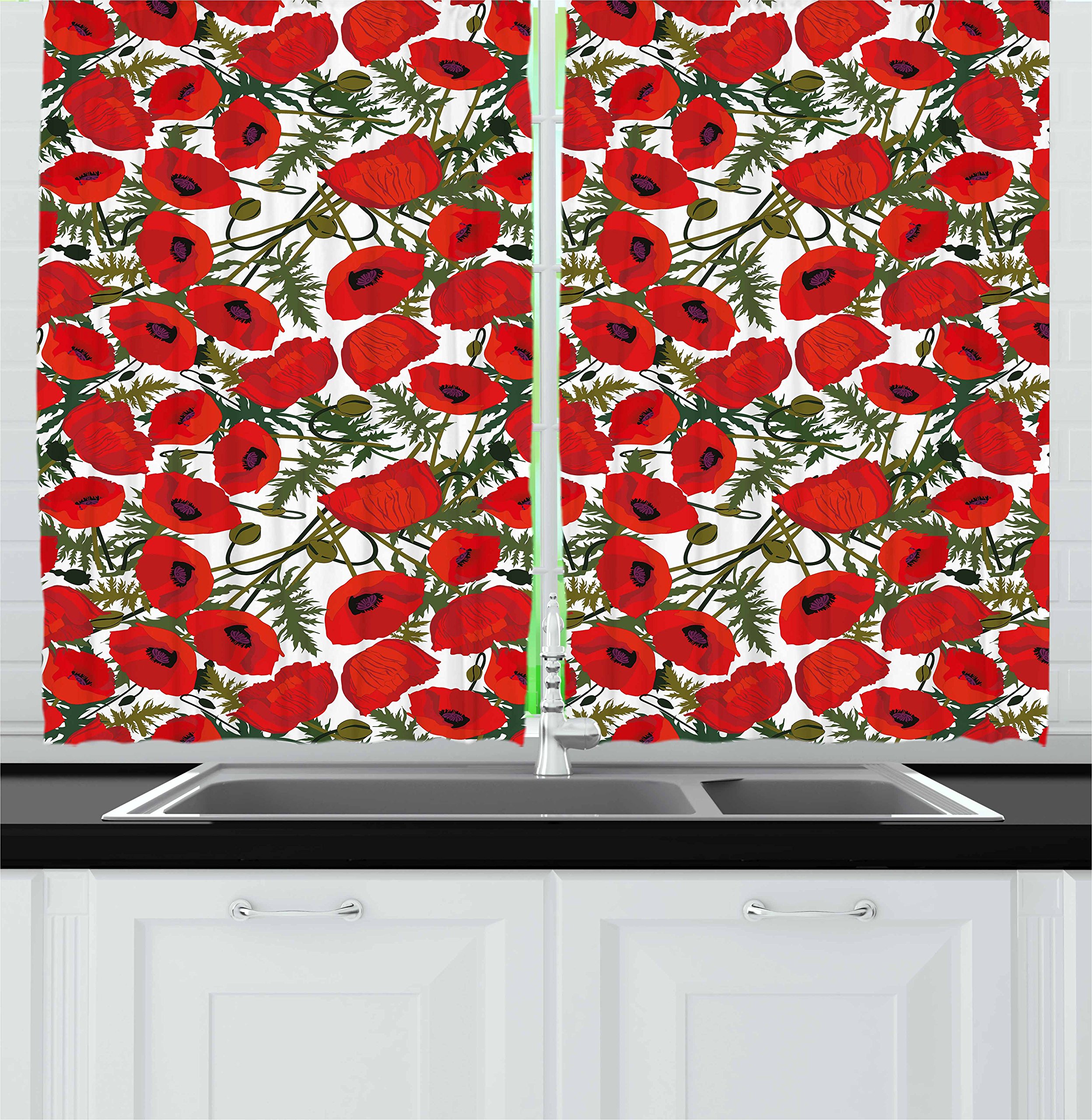 Ambesonne Poppy Flower Kitchen Curtains Set of 2 Panels - 55