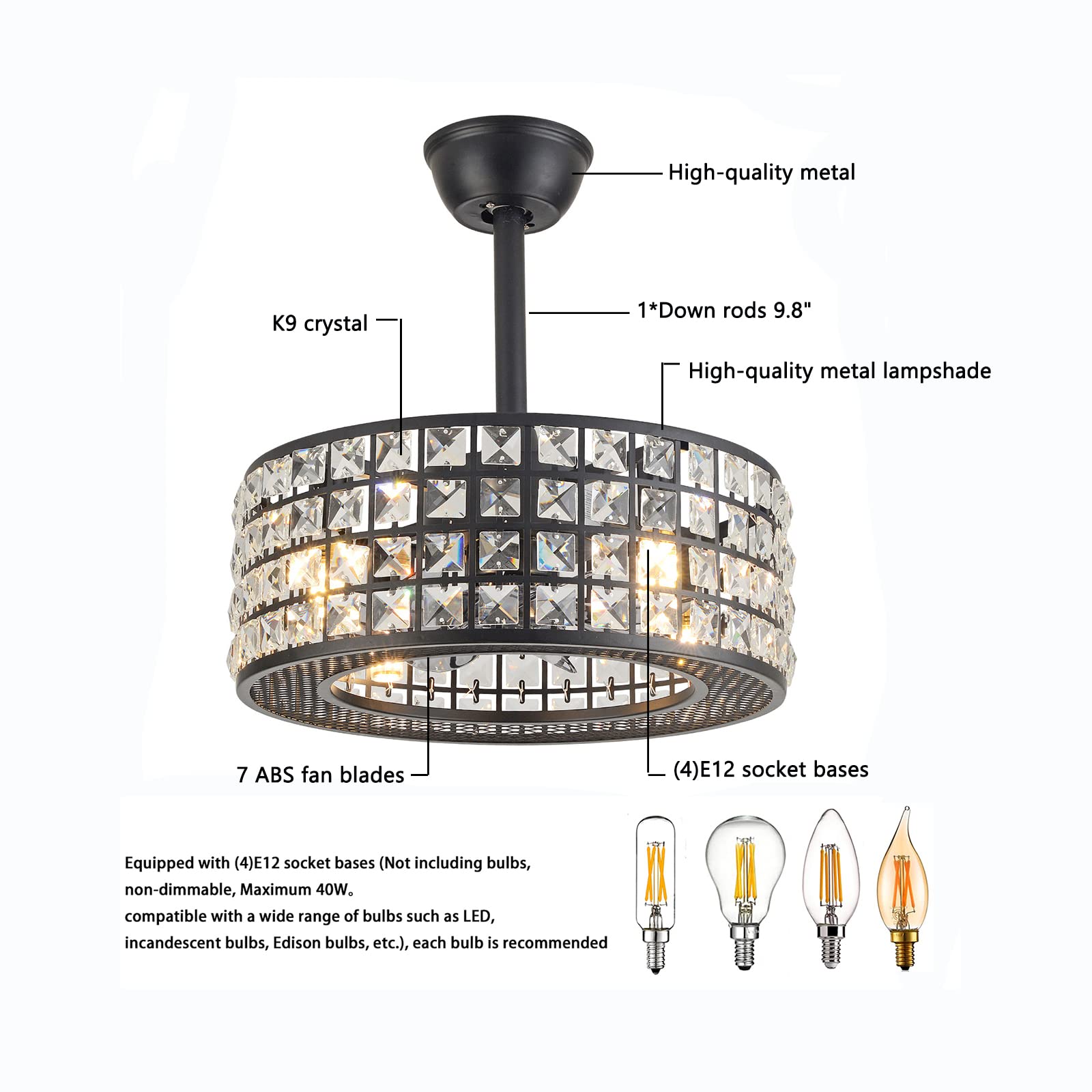 OUKANING 18 Inch Square Crystal Ceiling Fan with Light - 3 Speed Adjustable, Remote Control, Low Profile Enclosed Design for Living Room, Bedroom, Kitchen | Perfect for Modern Home Decor and Energy-Efficient Cooling