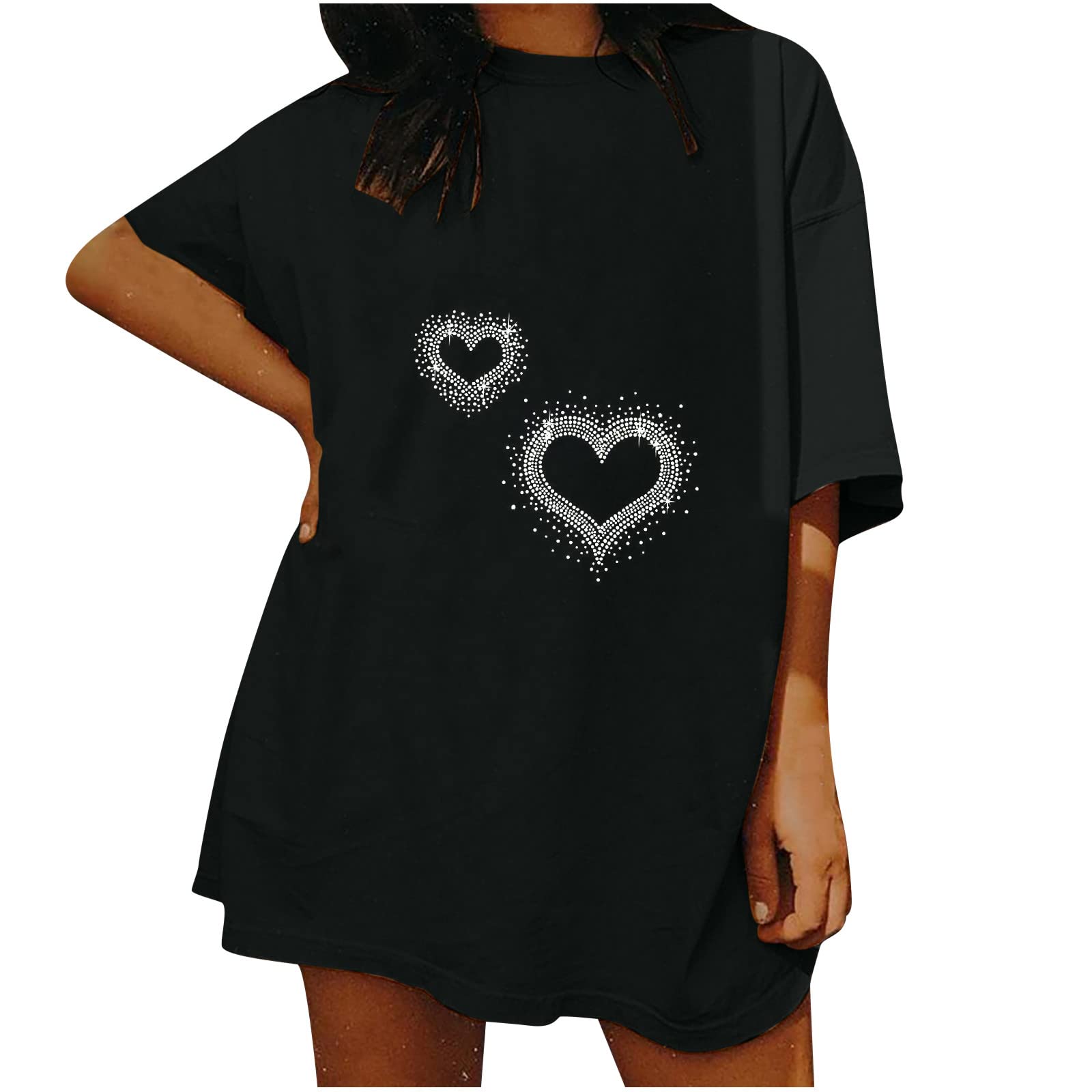 Sparkly Heart Print Short Sleeve T-Shirt for Women - Fashion Graphic Crewneck Blouse Top - Perfect for Valentine's Day, Date Nights & Casual Outings