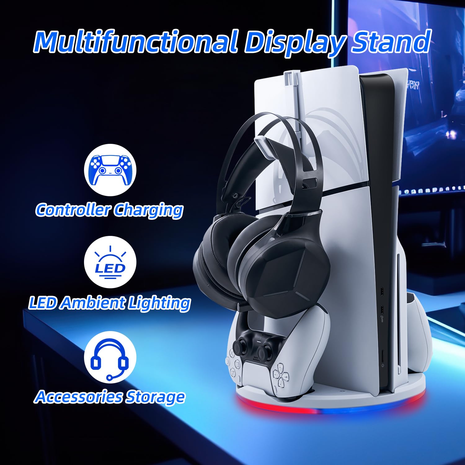 Mcbazel PS5 Slim Vertical Stand with LED Light, Fast Charging Dock for 2 Controllers & Headset Hook - White (Compatible with PS5 Slim DE/UHD, Not for PS5/PS5 Pro) - Perfect for Gaming Setup & Organized Playstation Accessories