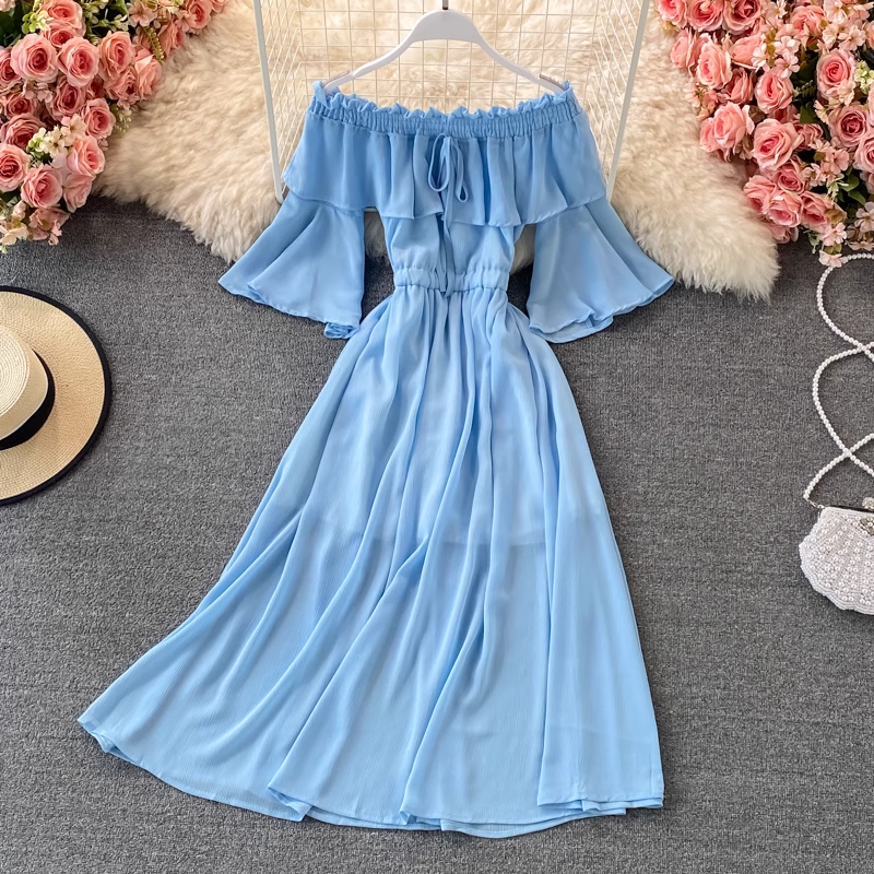 Elegant Off Shoulder Ruffled Chiffon Maxi Dress with Flared Trumpet Sleeves - Women's Boho Party Gown for Weddings, Date Nights & Special Occasions