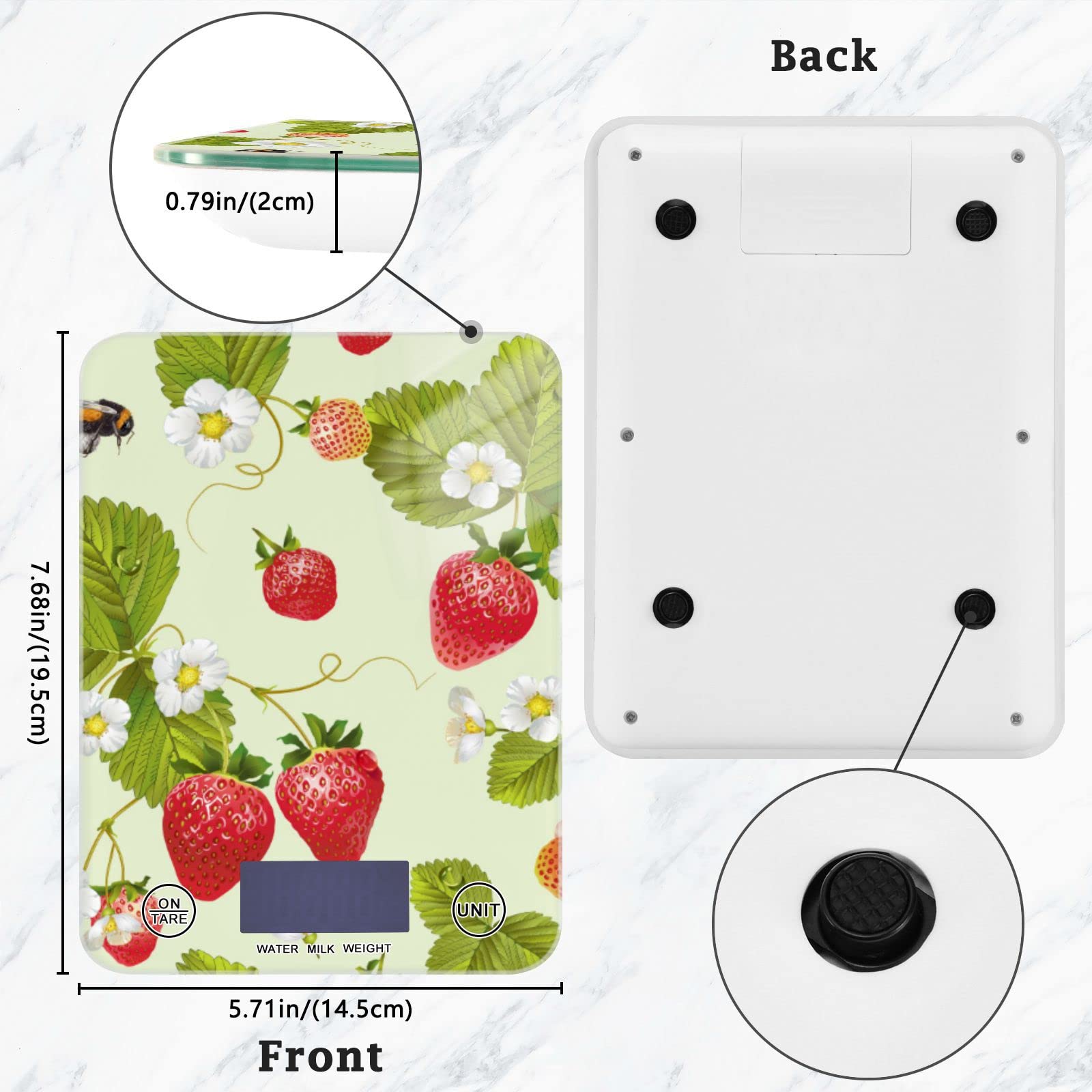 11lb Digital Kitchen Scale with Strawberry Design - Waterproof Food Scale for Ounces & Grams - Perfect for Weight Loss, Coffee, Baking, Cooking & Meal Prep