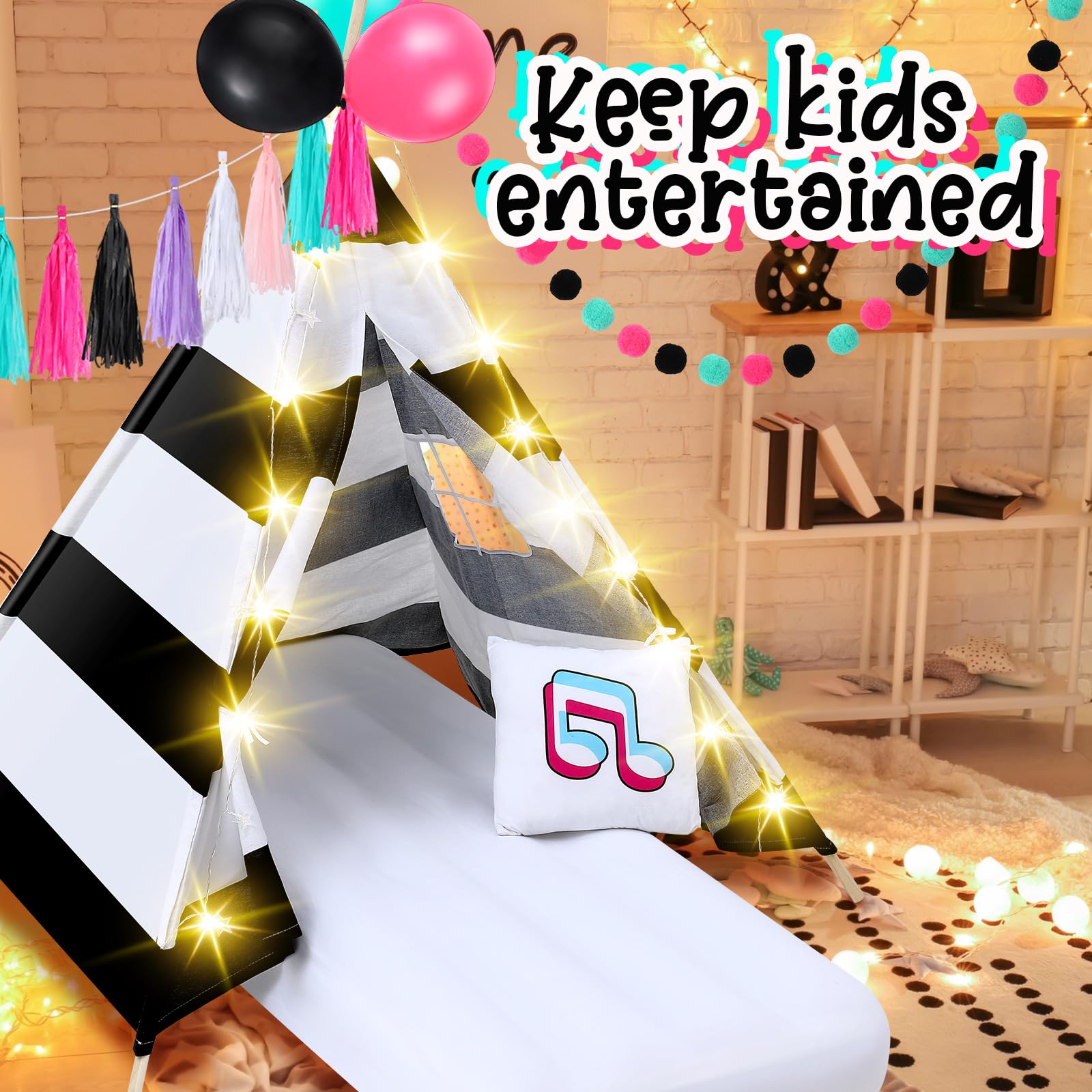 Windyun 4 Pack Kids Teepee Tents with Air Mattress, LED Lights & Pillows - Music Themed Play Tent for Girls Sleepover Parties - Natural Cotton Indoor/Outdoor Playhouse for Camping, Birthday & Slumber Parties