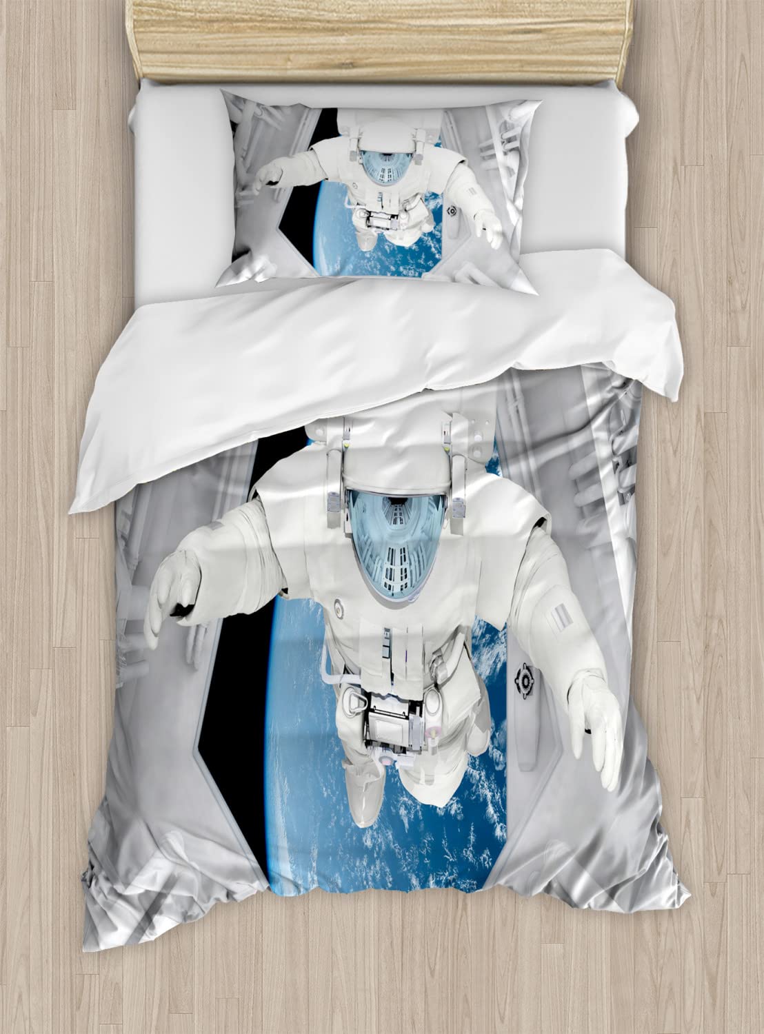 Ambesonne Outer Space Duvet Cover Set - Astronaut Spaceship Cosmic Journey Celestial Universe Theme Bedding | 2 Duvet Covers & 4 Pillowcases | 2-Pack California King Size | White & Blue | Perfect for Sci-Fi Lovers & Space-Themed Bedrooms