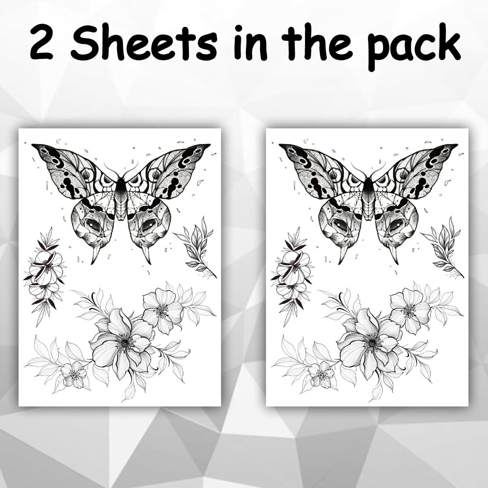 Elegant Black Floral Butterfly Temporary Tattoo Stickers (2PCS) - 22x15cm Waterproof Fake Tattoos for Men & Women - Perfect for Parties, Festivals, and Body Art