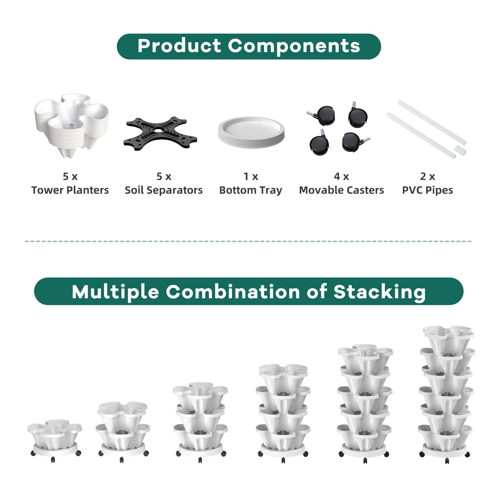 5-Tier Strawberry Vertical Planter with Support Pole - Stackable Herb & Vegetable Garden for Indoor/Outdoor Use - White - Perfect for Balcony, Patio, and Small Space Gardening