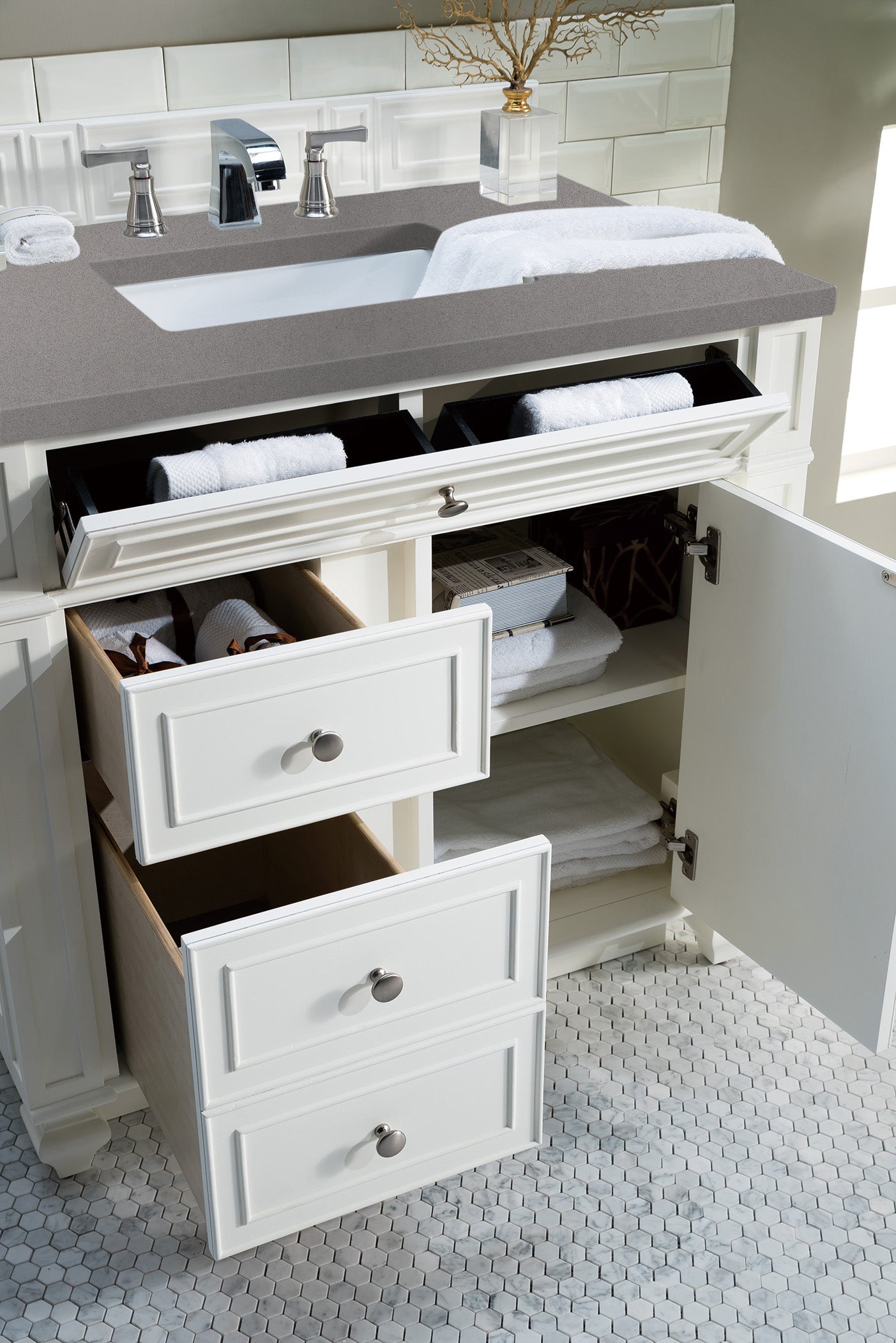 Bristol 36 Inch Single Bathroom Vanity Set with 3CM Grey Expo Quartz Countertop - Bright White Finish for Modern Home & Apartment Bathroom Remodel