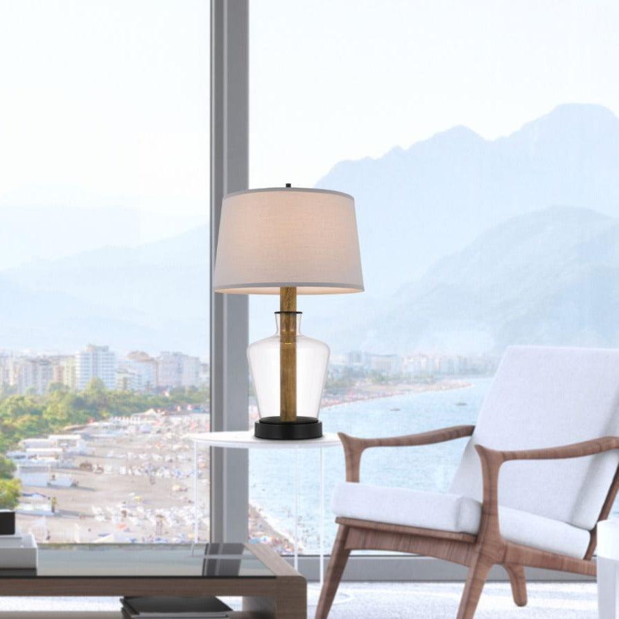 Cal Lighting Salford Glass and Wood Table Lamp With Taper Drum Hardback Shade - Stylish Home Decor for Living Room, Bedroom & Office Lighting