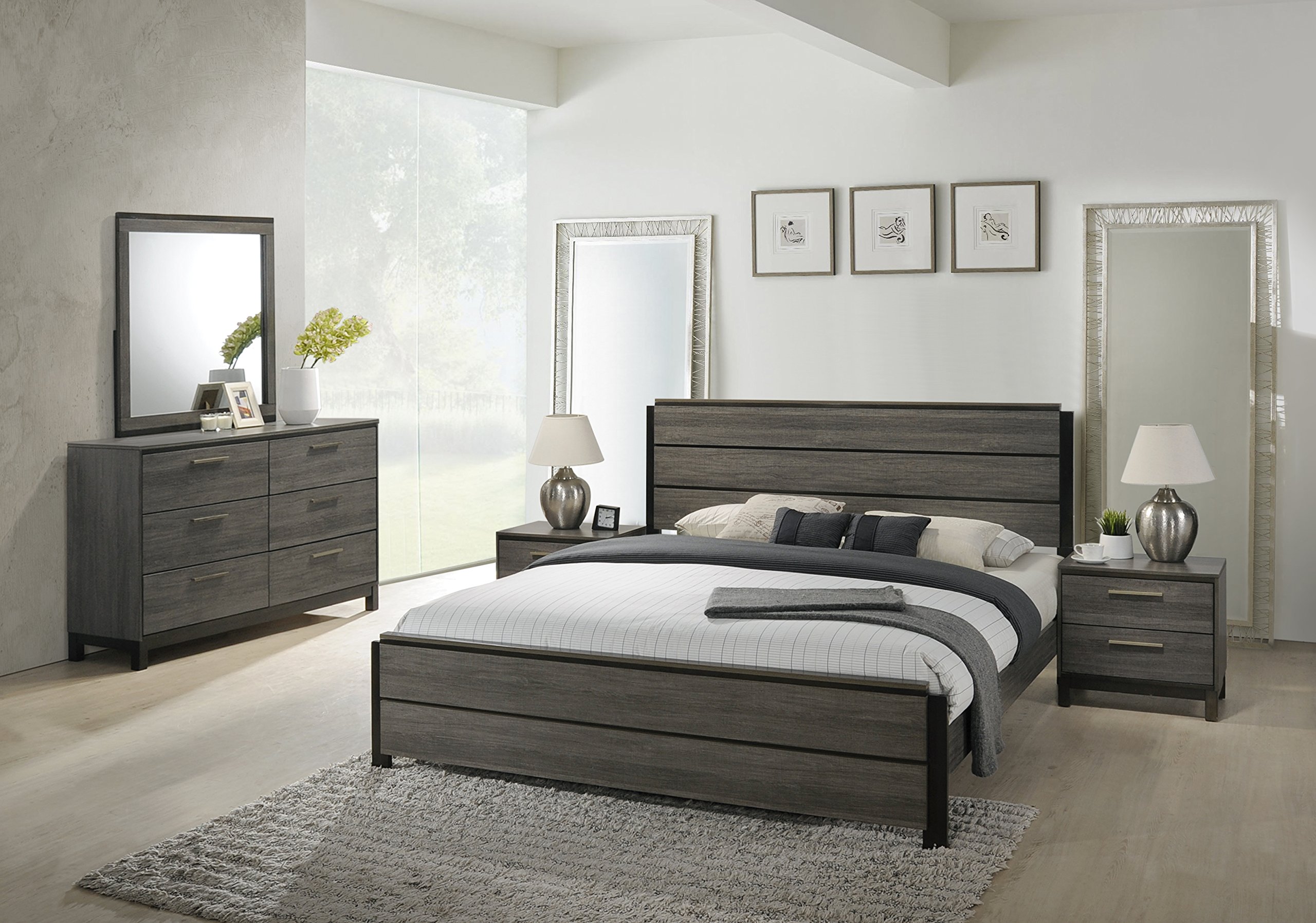 Roundhill Furniture Ioana 187 Antique Grey Finish Wood King Size Bedroom Set - King Bed, Dresser, Mirror & 2 Nightstands - Elegant Vintage Bedroom Furniture for Master Suite Decor