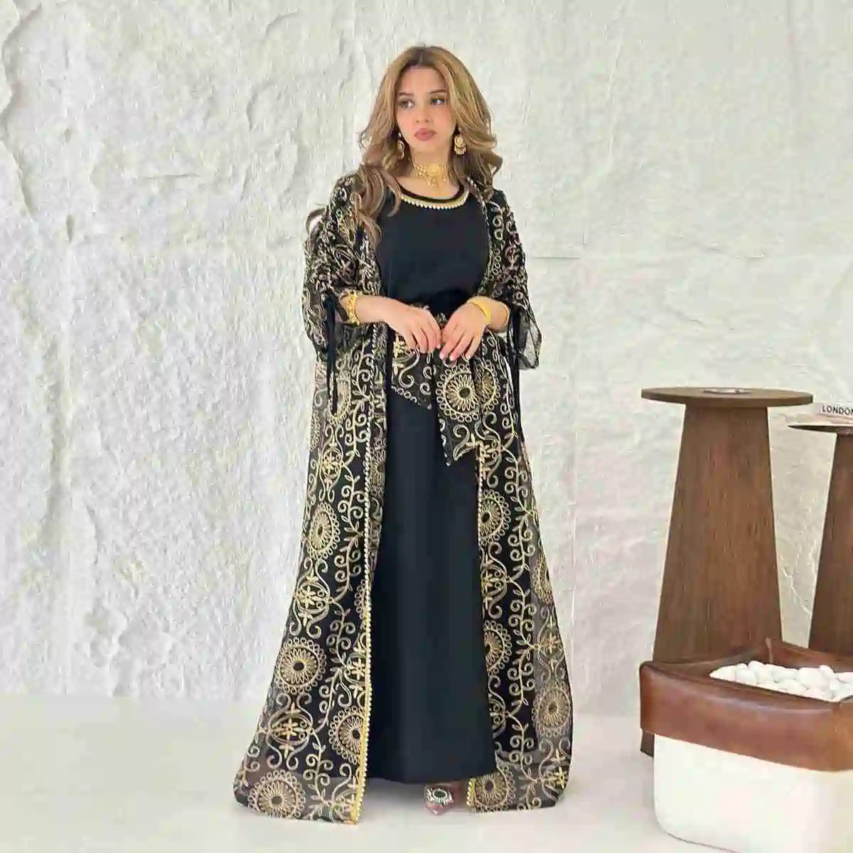 Elegant 2-Piece Eid Caftan Set with Embroidery & Sleeveless Inner Dress - Perfect for Eid Celebrations, Weddings & Special Occasions #24432