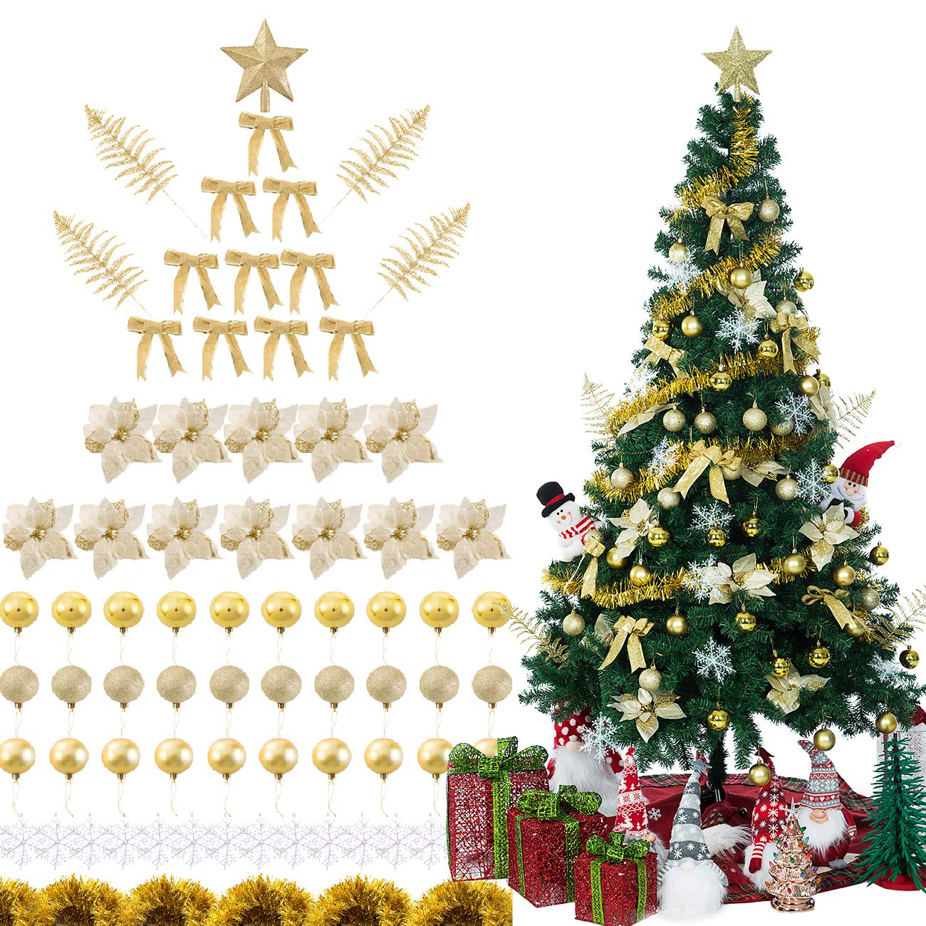 Sunnyglade 94-Piece Christmas Ornament Set - Glitter Poinsettia & Balls for Xmas Tree & Party Decor