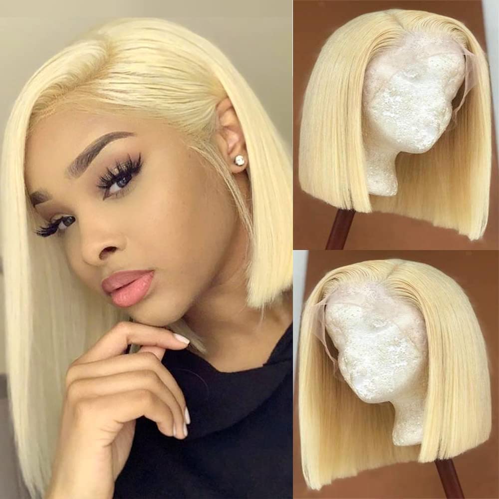 613 Blonde Bob Wig Human Hair 13x4 Lace Front Wig - Pre Plucked Bleached Knots, 150% Density, 12 Inch Straight Short Bob Wigs for Women | Perfect for Cosplay, Daily Wear & Special Occasions