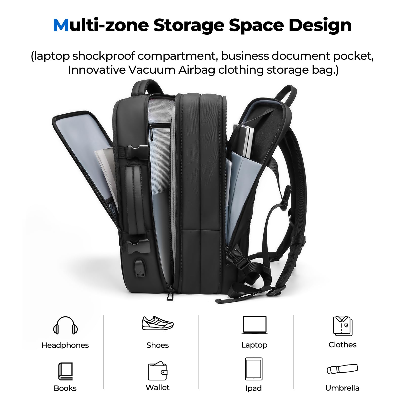 Airback Expandable Laptop Backpack with USB Charging Port & Built-in Pump - Water-Resistant Business Travel Bag for Airplane Carry-on | Perfect for Commuting, Work & Weekend Getaways