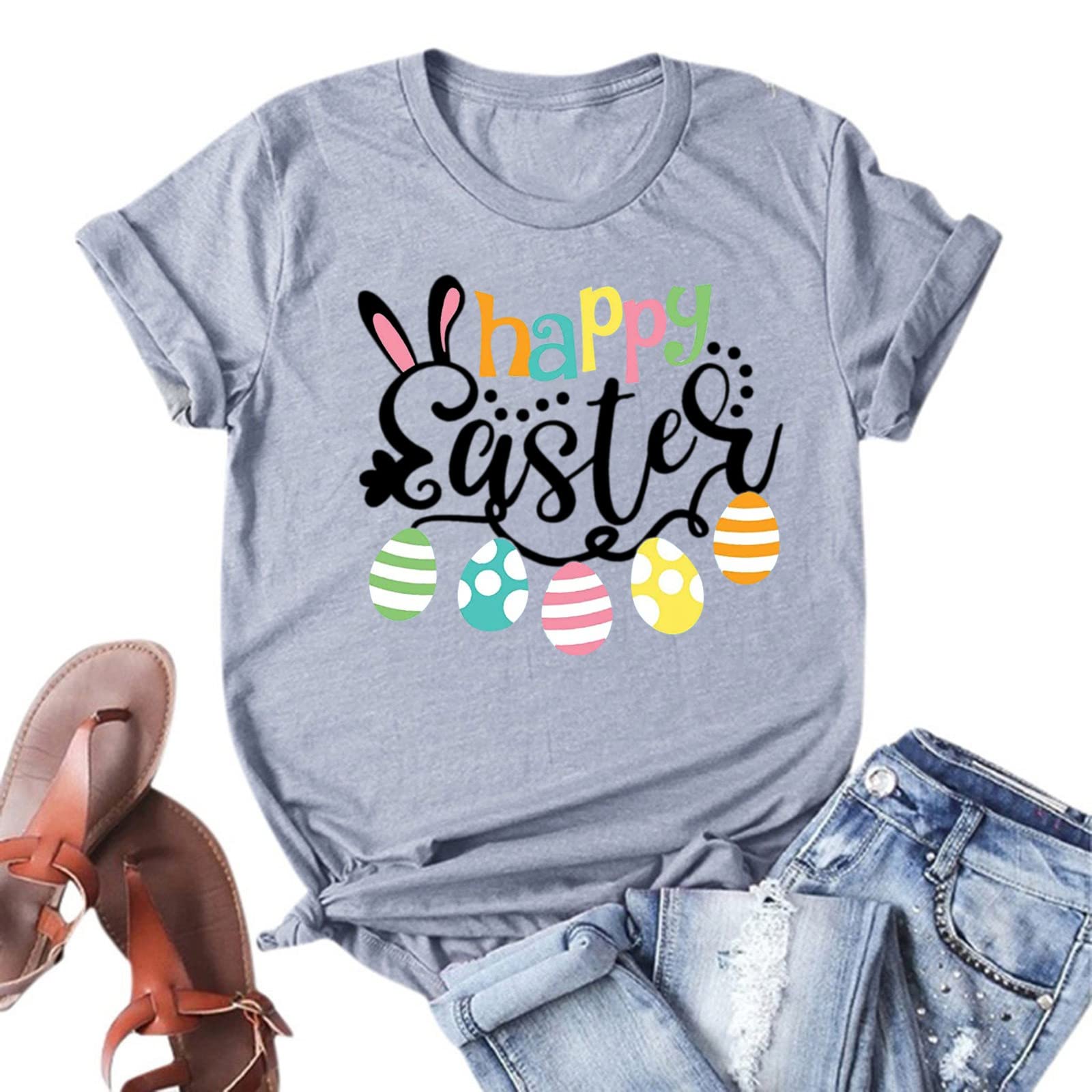 Happy Easter Graphic T-Shirt for Women - Cute Easter Egg Letter Print Short Sleeve Crewneck Holiday Top | Easter Party, Family Gathering, Spring Outfit