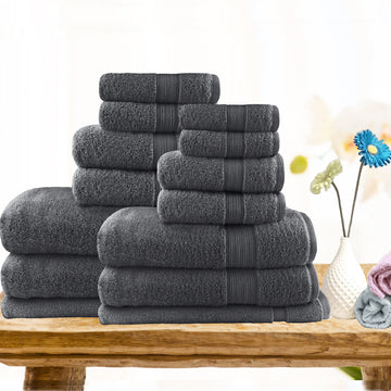 14-Piece Lightweight Soft Cotton Bath Towel Set - Charcoal Gray | Ultra Absorbent & Quick-Drying for Spa, Gym, Beach & Home Use