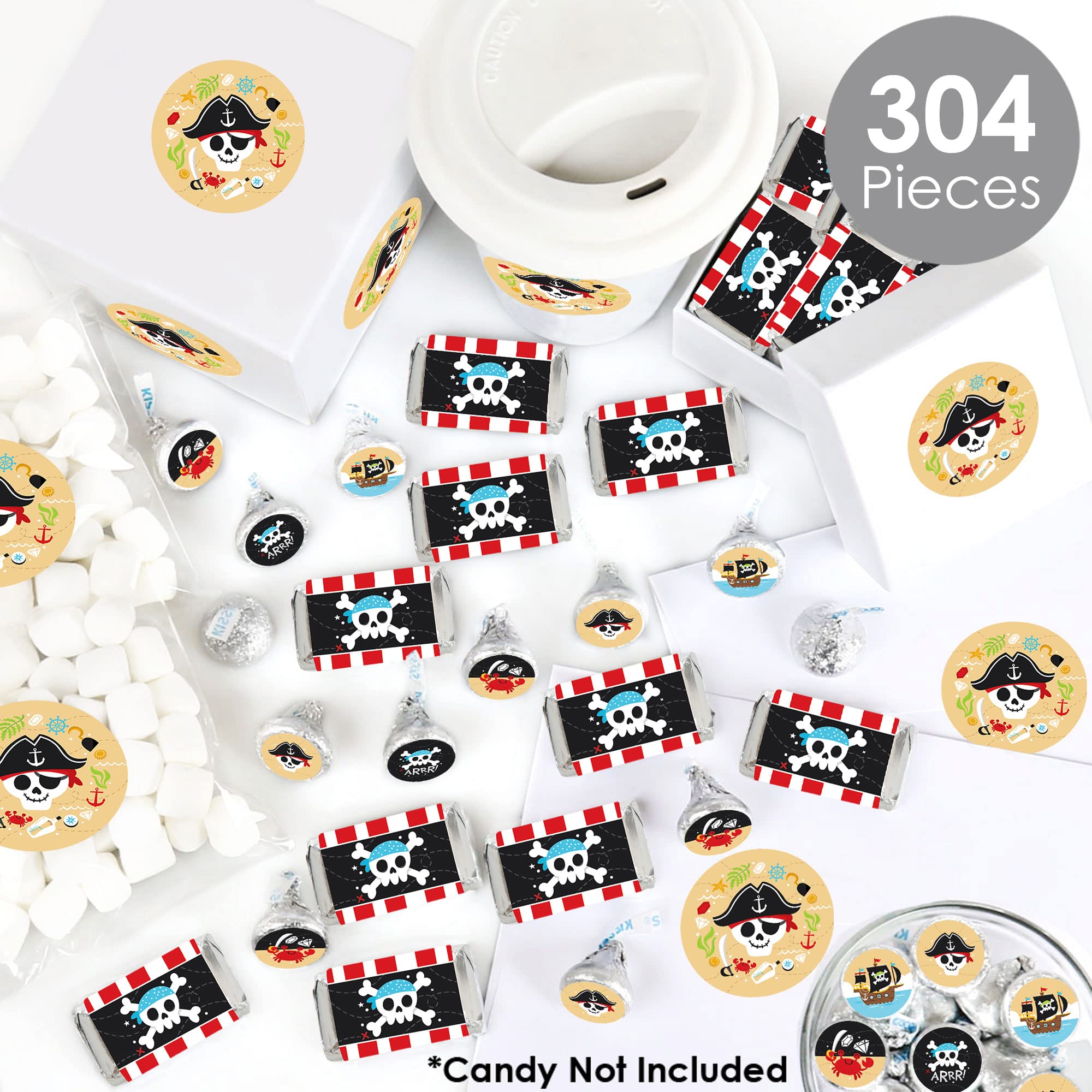 Big Dot of Happiness Pirate Ship Adventures - 304-Piece Mini Candy Bar Wrappers, Round Candy Stickers & Circle Stickers for Skull-Themed Birthday Parties - Perfect for Halloween Favors, Pirate Party Decorations & DIY Candy Packaging