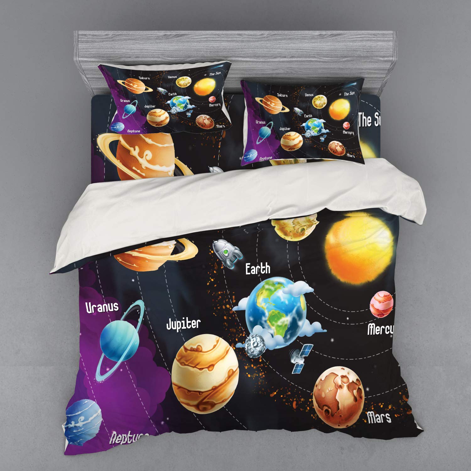 Ambesonne Outer Space Duvet Cover Set - Solar System Planets Milky Way Galaxy Bedding with Neptune Venus Mercury Design, 4 Piece King Size Bedding Set with Pillow Shams & Fitted Sheet, Multicolor - Perfect for Astronomy Lovers & Kids' Space Themed Bedrooms