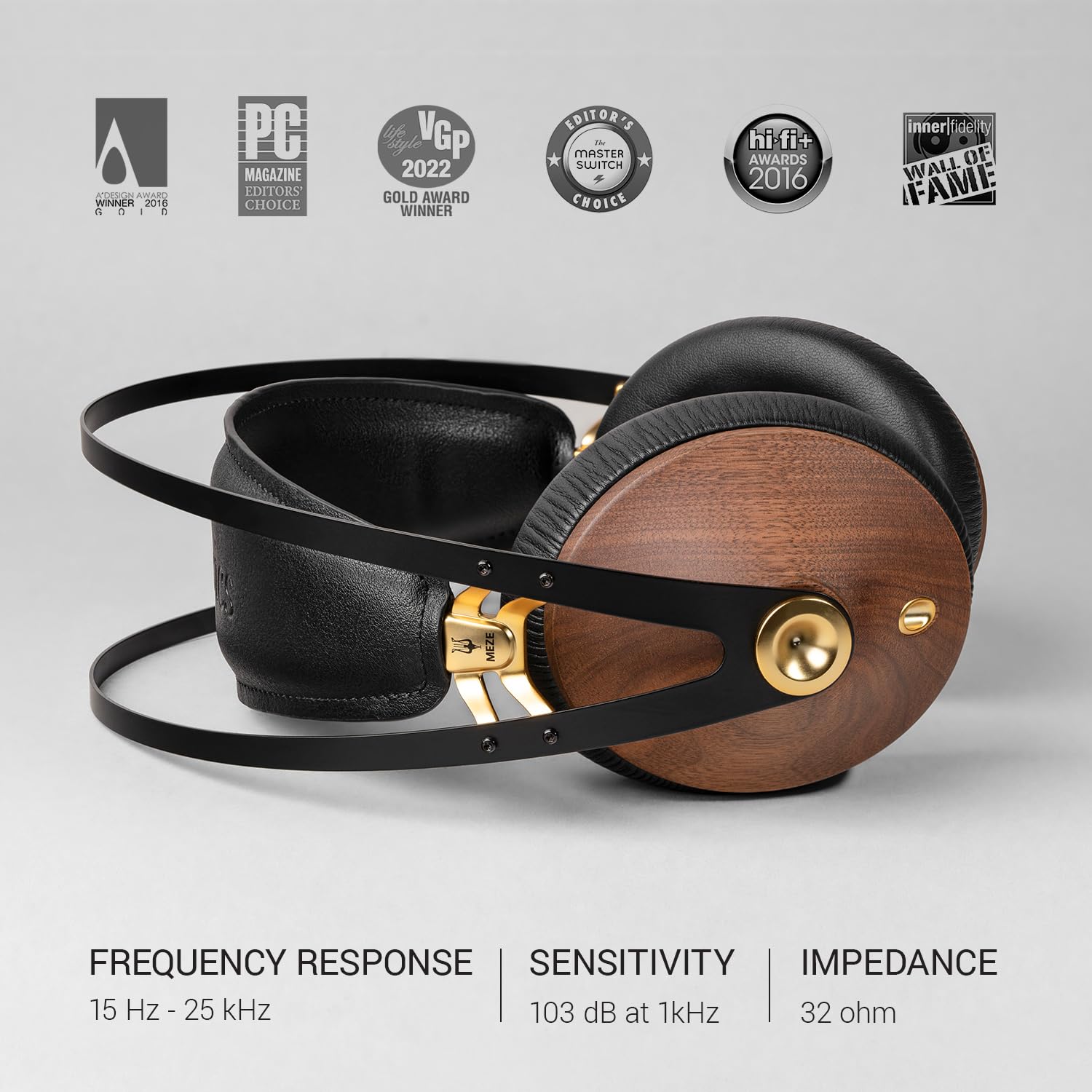 Meze 99 Classics Walnut Gold Over-Ear Headphones (Gold & Black) - Premium Audiophile Headset for Music Lovers, Studio Monitoring & Travel Use