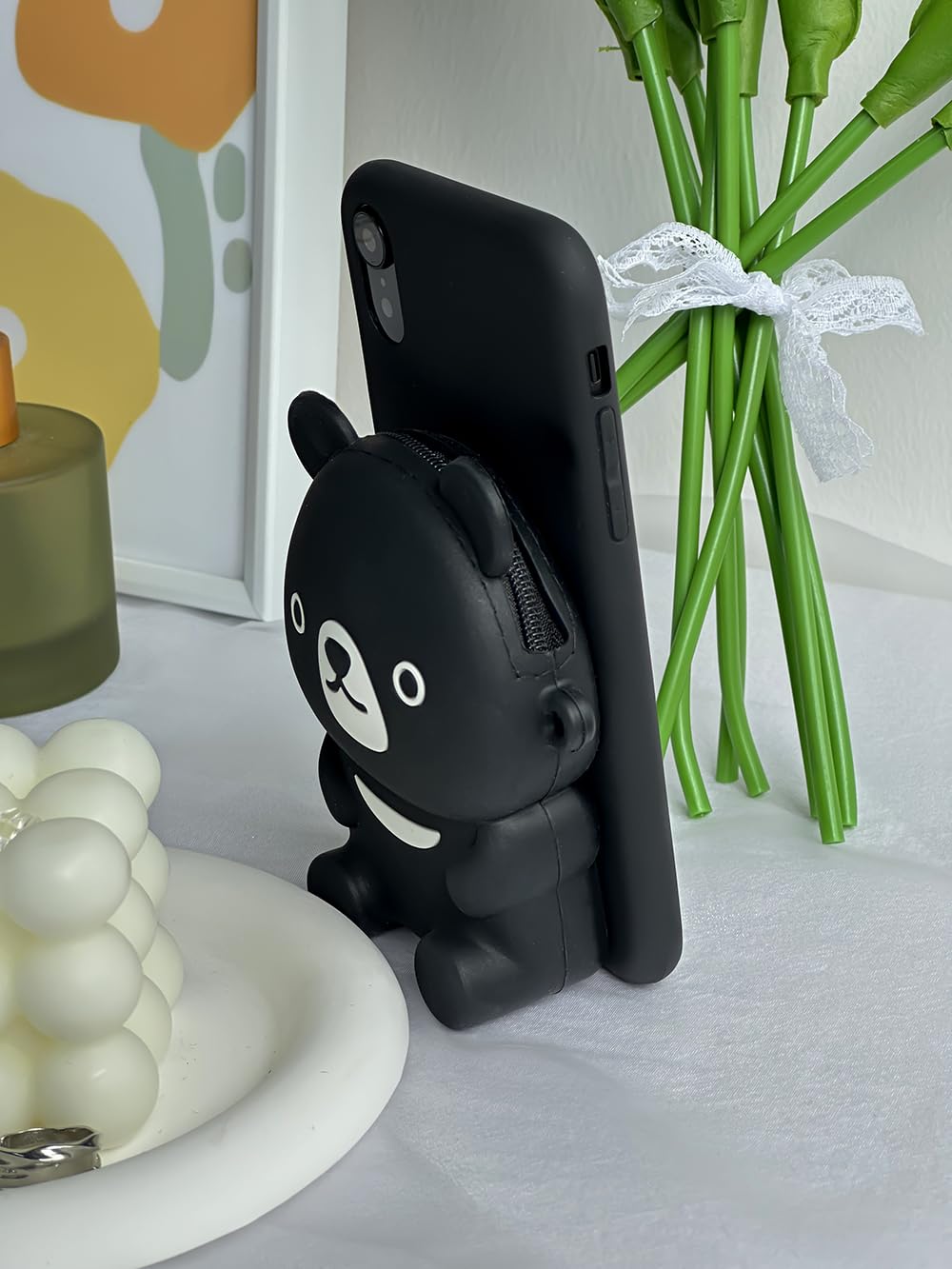 UnnFiko Cute 3D Cartoon Bear Wallet Phone Case for iPhone 11 Pro Max - Soft Silicone Protective Cover with Card Holder & Stand - Perfect for Women & Girls (Black) | Great for Everyday Use, Shopping & Travel