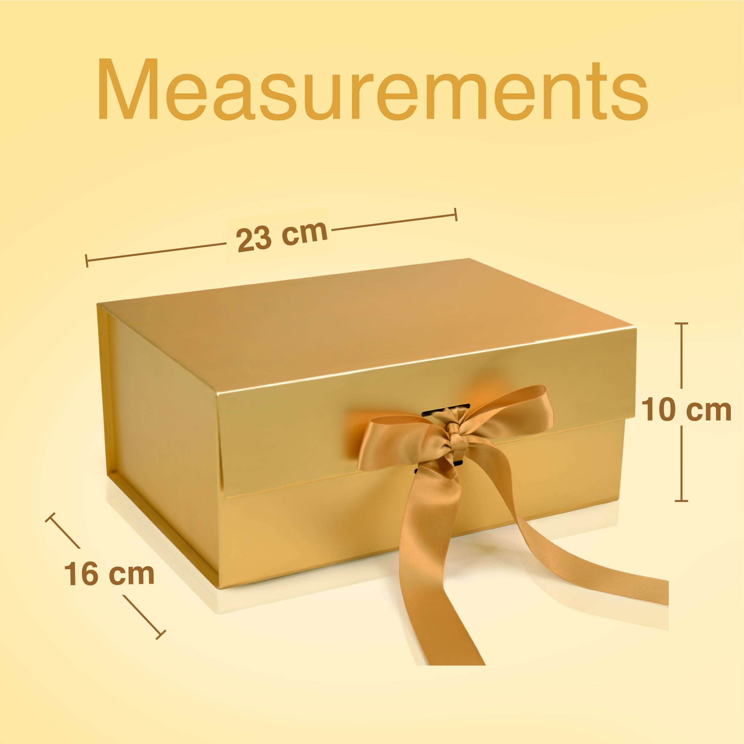 Elegant Gold Gift Box with Ribbon - 23x16x10cm Empty Gift Packaging Box (1 Pack) - Holds up to 5kg for Presents, Wedding Favors, Birthday Gifts & Holiday Decorations - Reusable Decorative Hamper Box for Luxury Gift Wrapping