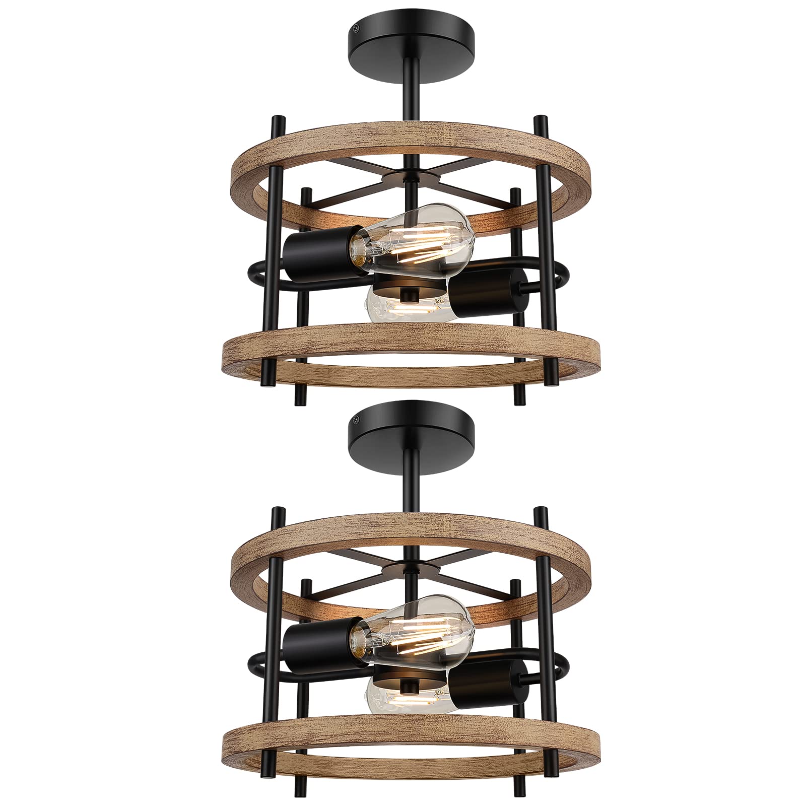 2 Pack Rustic Farmhouse Semi Flush Mount Ceiling Lights - Washed Wood & Retro Oak Finish - Industrial Style Lighting Fixture for Living Room, Bedroom, Dining Room, Kitchen, and Hallway