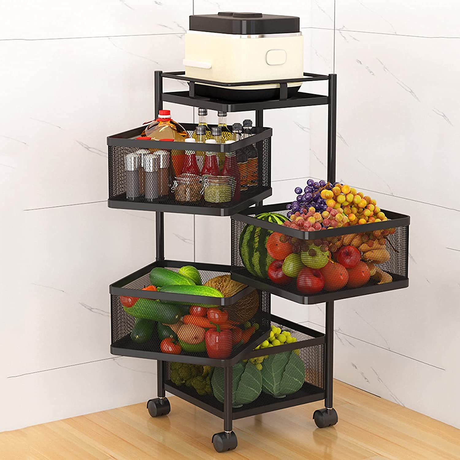 Maracos 4-Tier Rolling Fruit Basket with Wheels - Rotating Kitchen Storage Rack for Vegetables & Fruits | Space-Saving Floor-Standing Organizer for Pantry, Bathroom & Living Room | Perfect for Small Apartments & Kitchen Organization