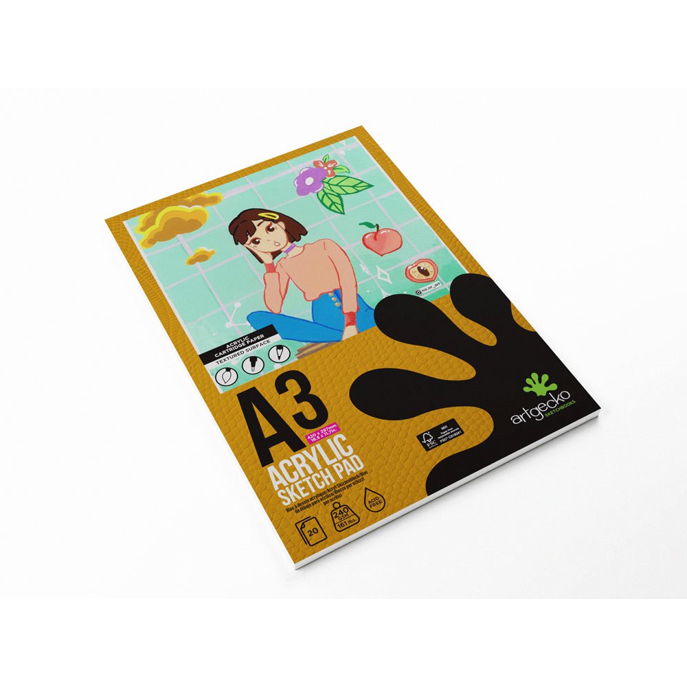 Artgecko Pro Acrylic Sketchpad - A3 Size 20 Sheets 240gsm White Paper for Artists, Drawing & Painting - Perfect for Studio, Classroom & Outdoor Sketching