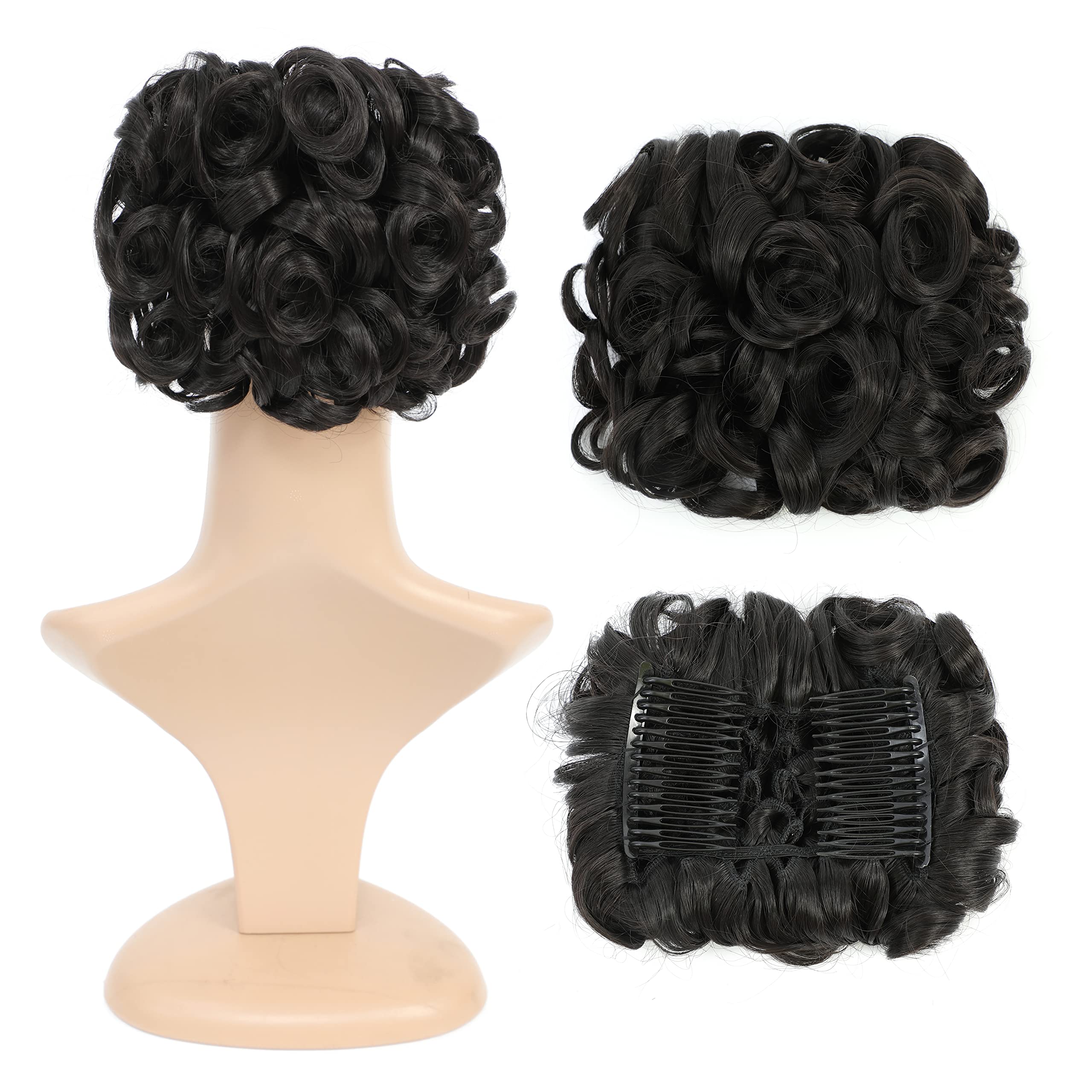 SWACC Short Messy Curly Clip-in Ponytail Extension - Natural Black Hair Bun for Women | Easy Stretch Hair Combs, Scrunchie Chignon Tray | Perfect for Parties, Weddings & Everyday Styling