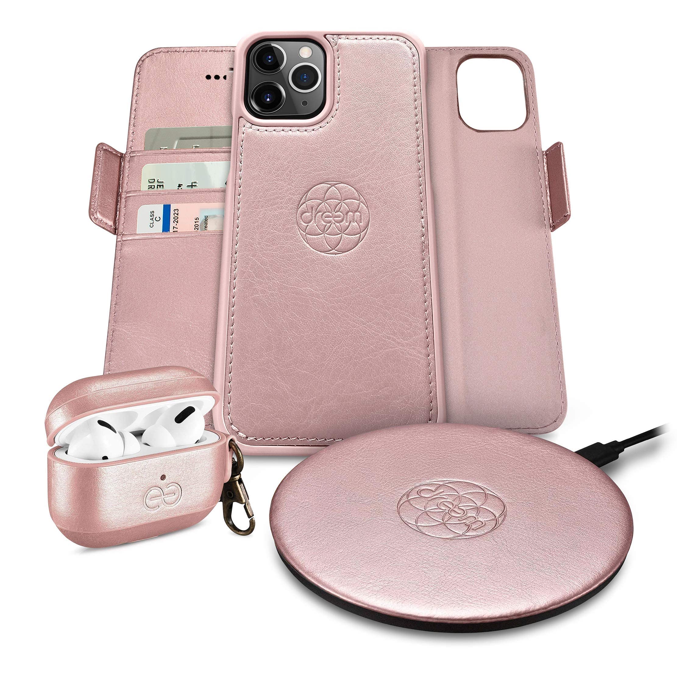 Fibonacci Wallet Case for iPhone 12 Pro Max with Om AirPod Pro Case & Beam Wireless Charger - Rose Gold | Premium Phone Accessories Bundle | Perfect for Travel, Work & Daily Use