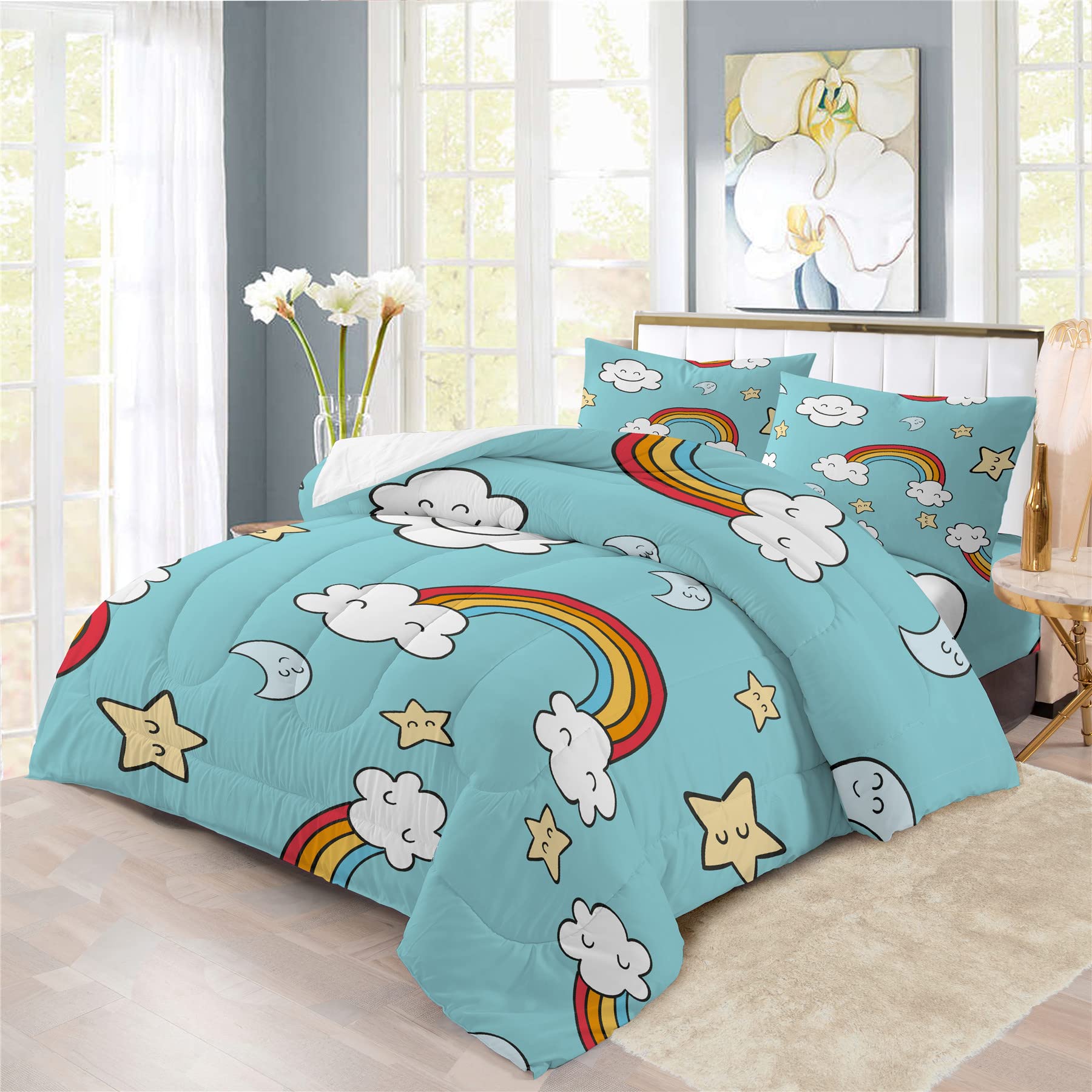 Colorful Galaxy Bedding Set for Girls - Rainbow Stars & Sun Comforter with Pillow Shams (3Pc) or Sheet Set (4Pc) | Twin Size | Space Themed Kids Room Decor for Dreamy Bedtime & Cozy Sleepovers