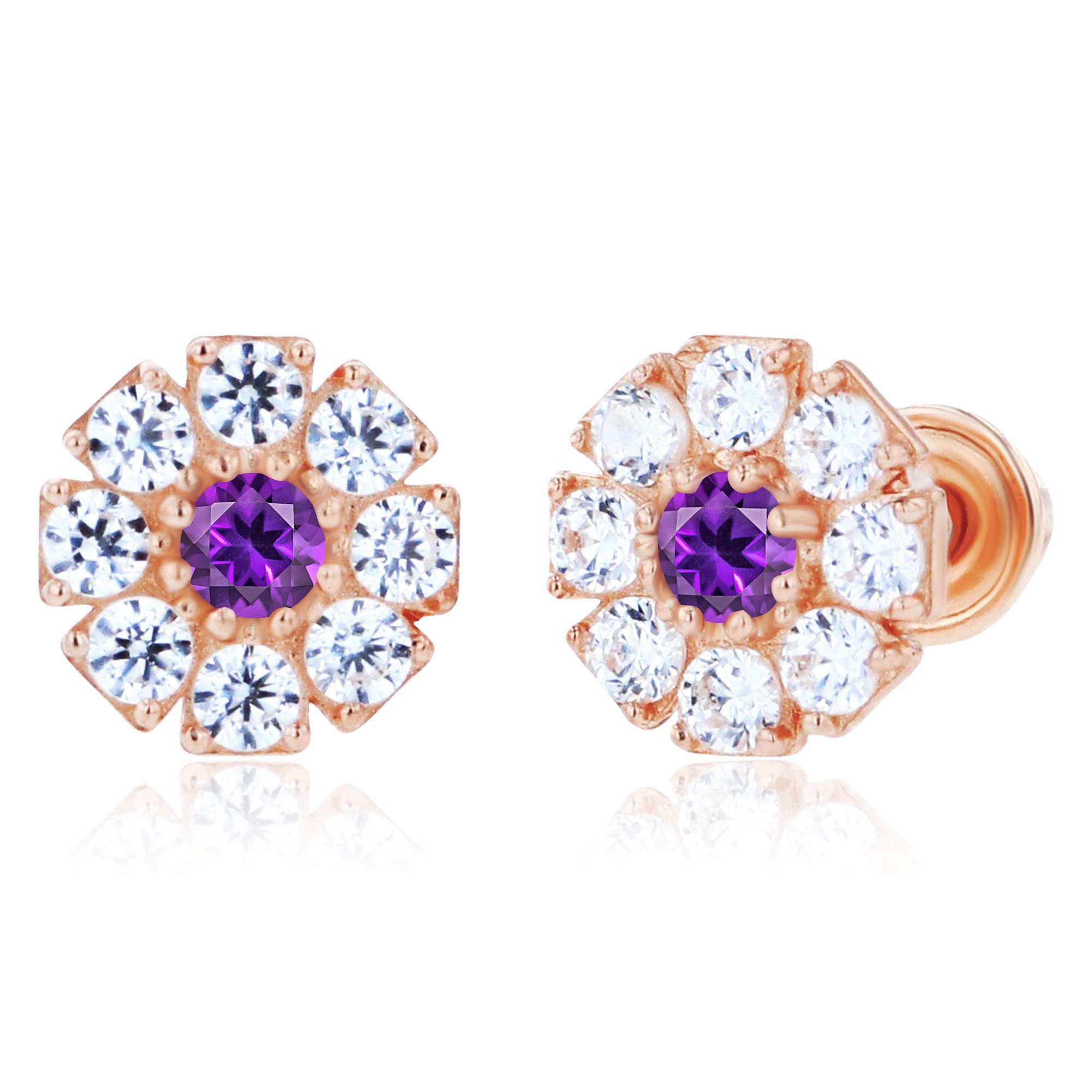 14K Solid Gold Flower Birthstone Screwback Earrings for Women | 6mm Floral Design with 2mm Genuine Birthstone & 1.5mm Round White Sapphire Accents | Perfect for Weddings, Anniversaries, Birthday Gifts and Everyday Elegance