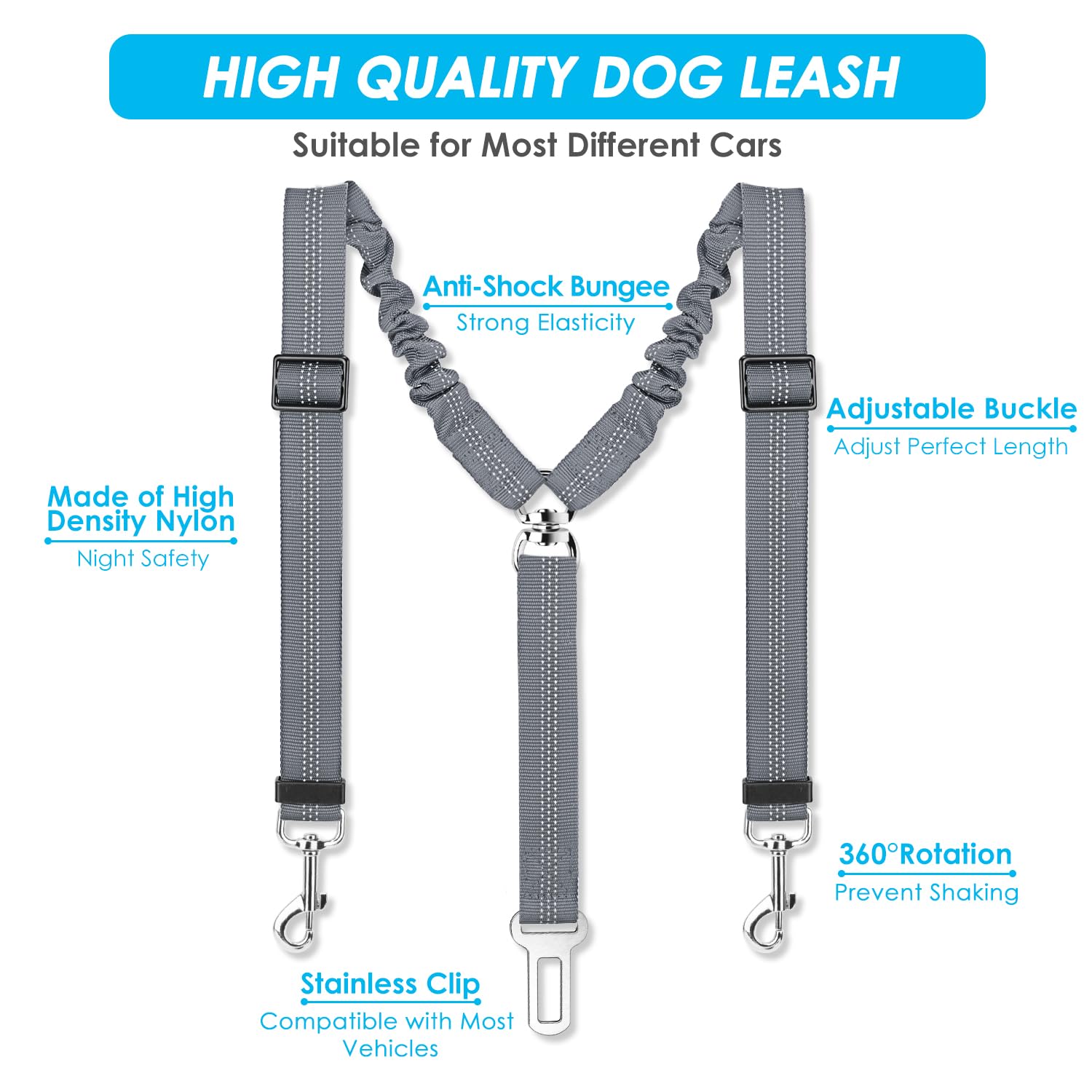 SlowTon Adjustable Double Dog Seat Belt - Y-Shape No Tangle Vehicle Safety Leash with Elastic Bungee Buffer & Reflective Strips - Medium Grey Pet Car Harness for Safe Road Trips & Daily Commutes