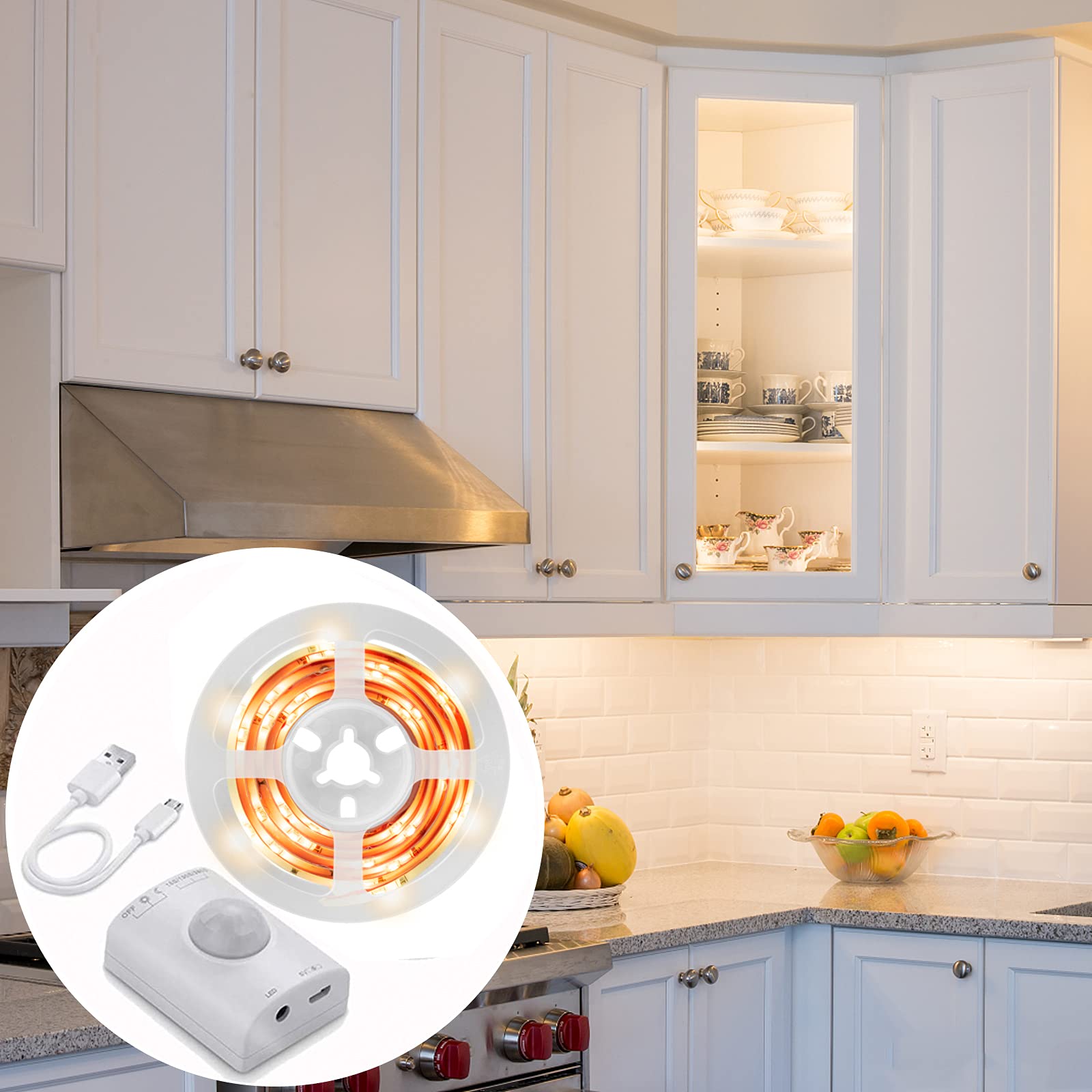 KOLANDY Motion Sensor LED Light Strip - 3.28ft Rechargeable Under Cabinet Lighting, 4000K Cool White for Kitchen, Bedroom, Closet & Stairs - Automatic Motion Activated Indoor Lighting for Safety & Convenience